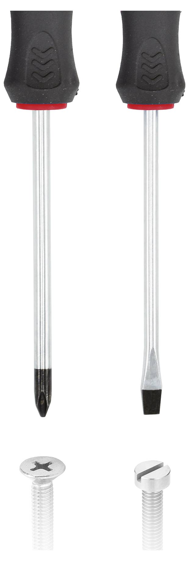 Een Phillips- en een sleufschroevendraaier, elk met zwarte handvatten, naast bijpassende schroeven.