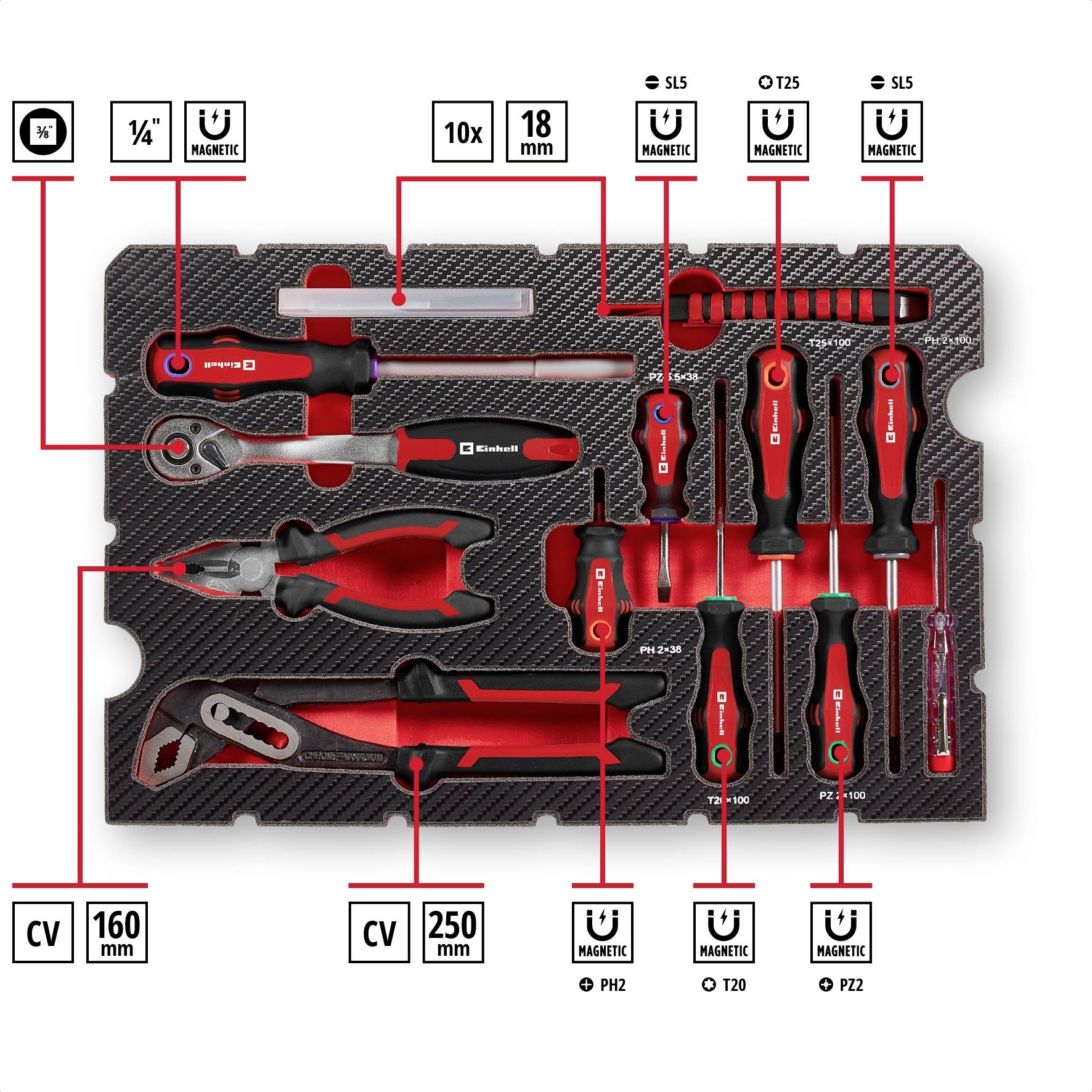 Een gereedschapsset met schroevendraaiers, tangen en dopsleutels in een gevormde inzet. Gereedschappen zijn rood-zwart met merklogo.