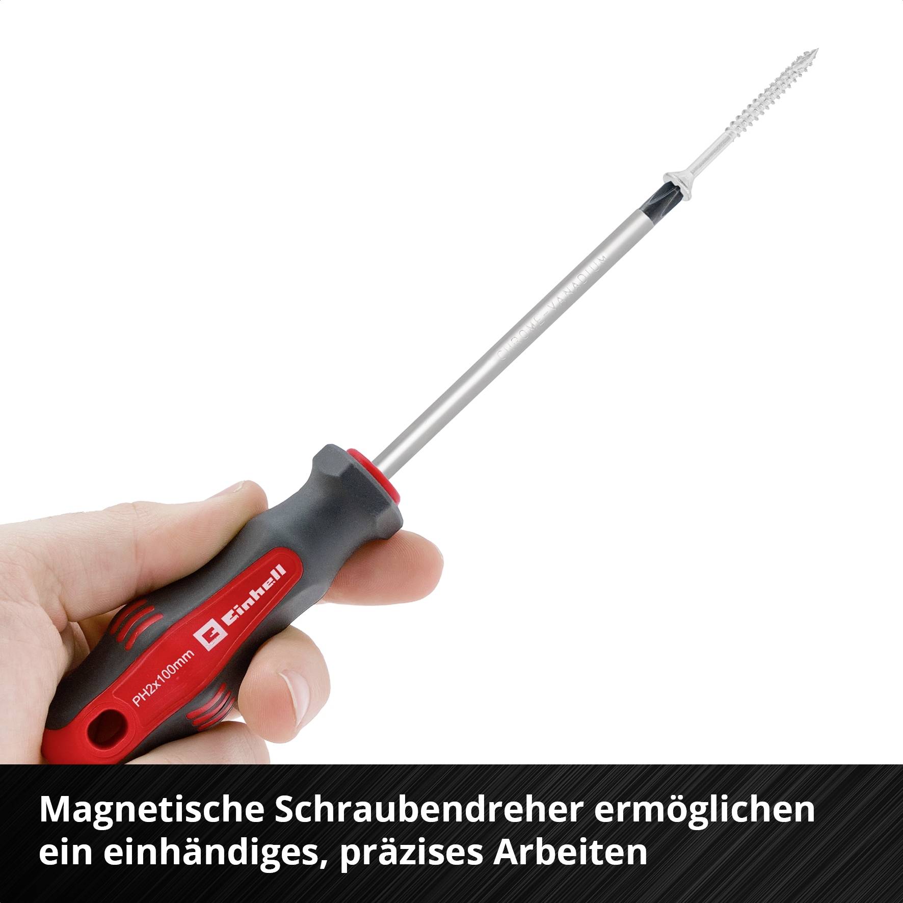 Een hand houdt een magnetische schroevendraaier vast die is ontwikkeld voor eenhandig, precies werk, met een rood en zwart handvat.