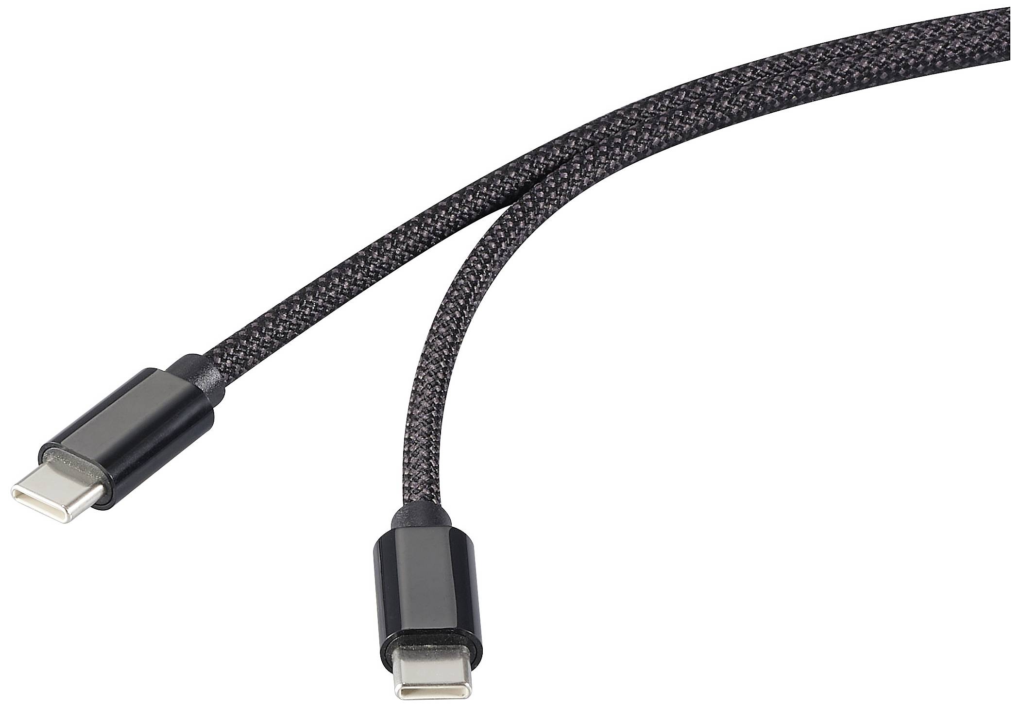 Zwart gevlochten USB-C-kabel met twee aansluitingen aan beide uiteinden, geschikt voor het opladen of overdragen van gegevens.