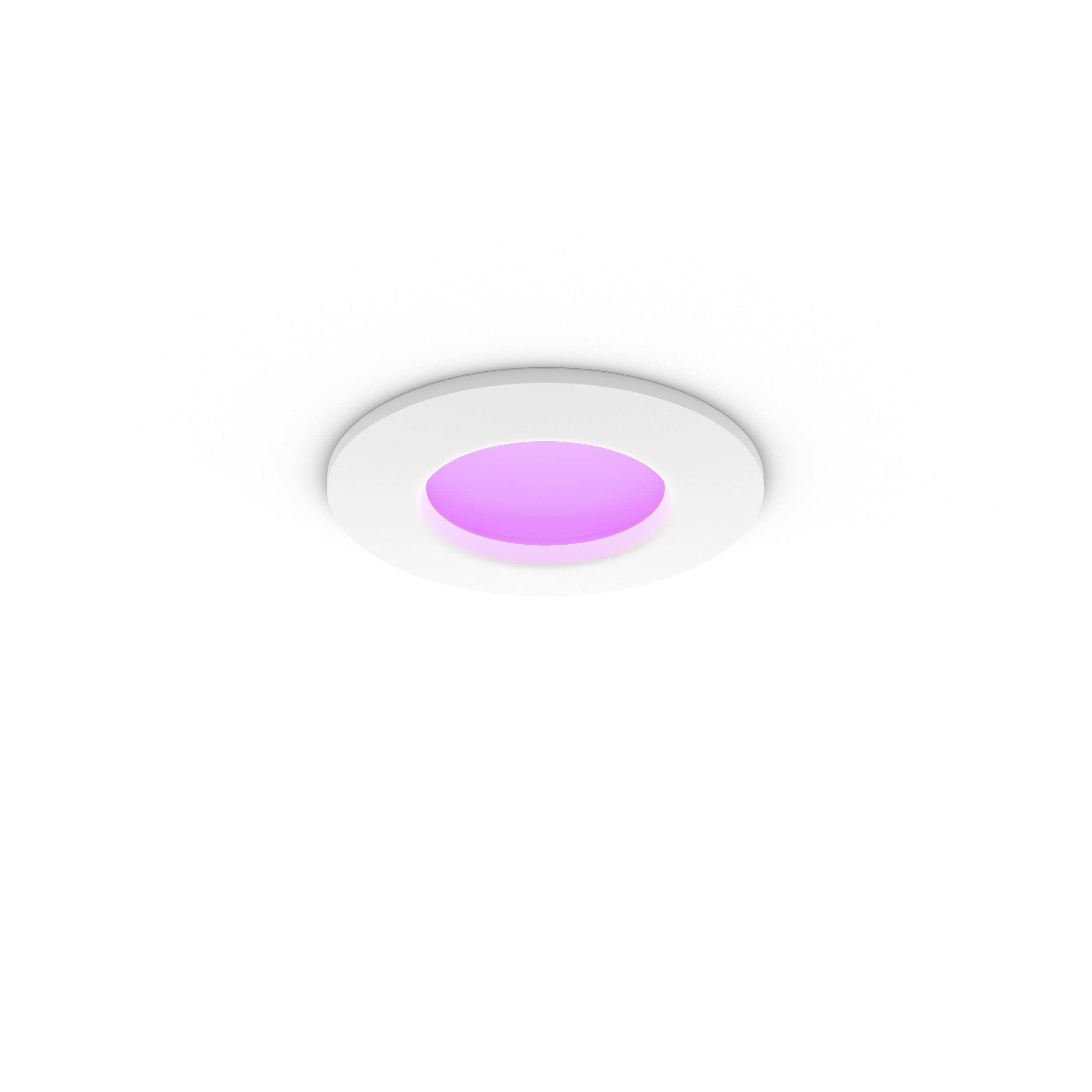 Een ronde, witte plafondlamp met een felroze licht in het midden.
