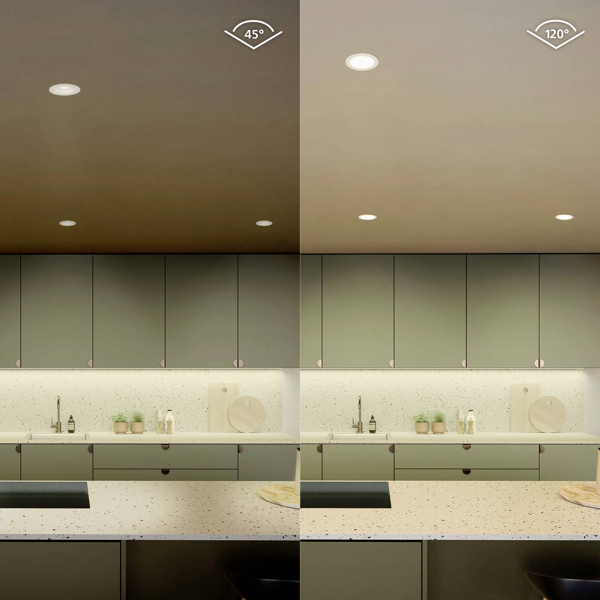 Een keukeninterieur bij verschillende lichthoeken: Links toont 45°-belichting, rechts 120°-belichting, beide met bovenkasten en werkblad.