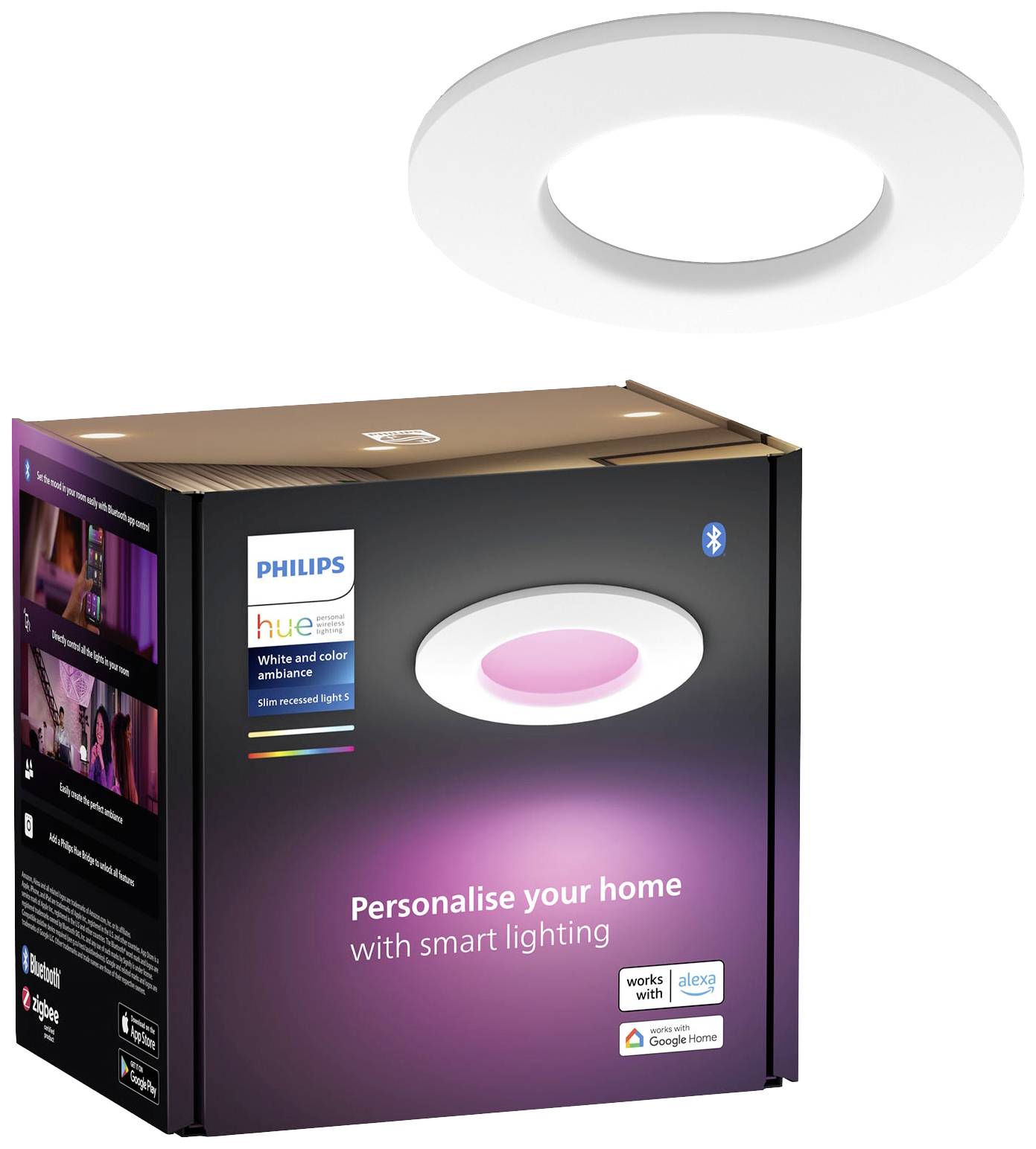 Verpakking van een Philips Hue White and Color Ambiance lamp met Bluetooth, geschikt voor slimme woningverlichting.