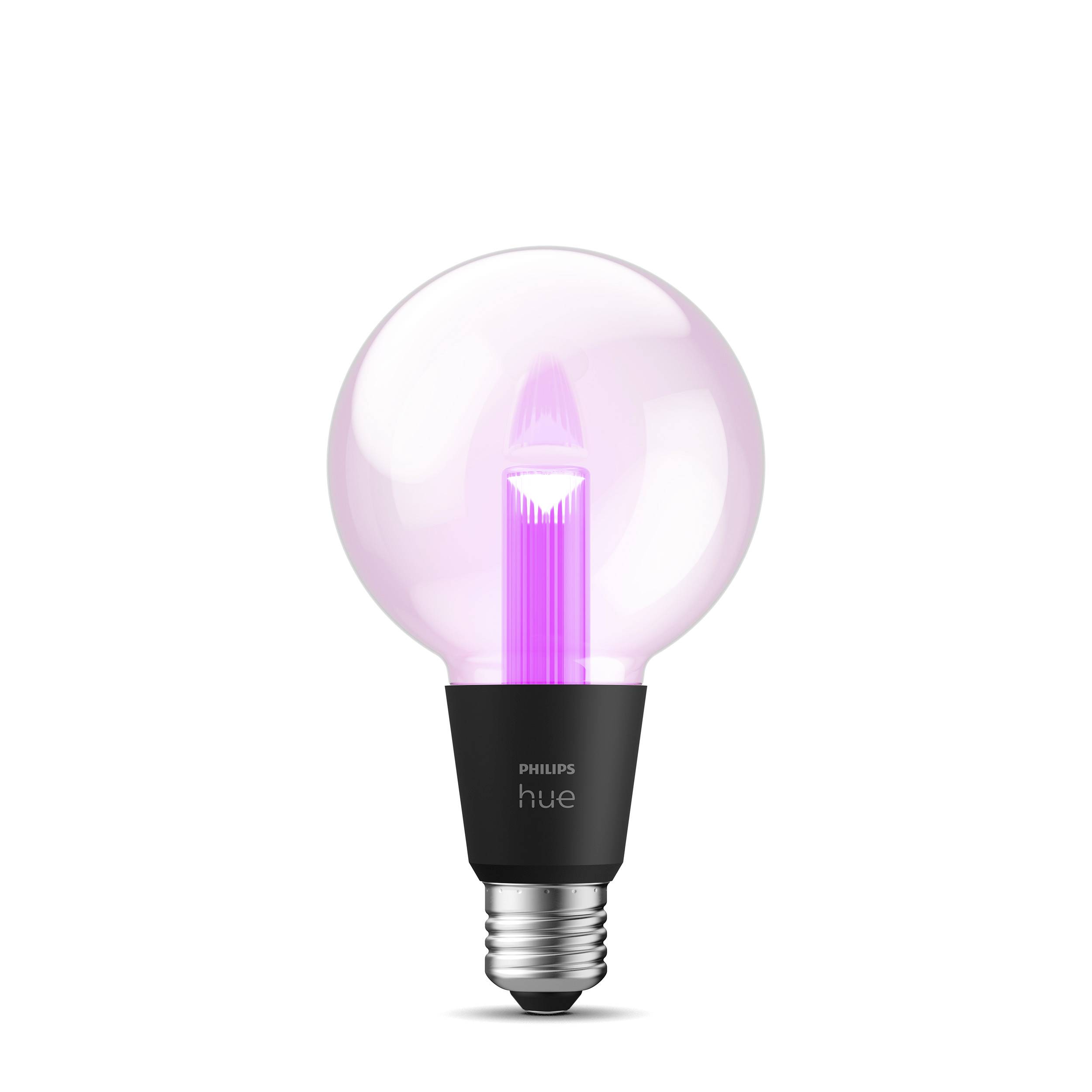 Philips Hue lamp, schijnt in een zacht roze. Het is een intelligente lamp die geschikt is voor draadloze bediening.
