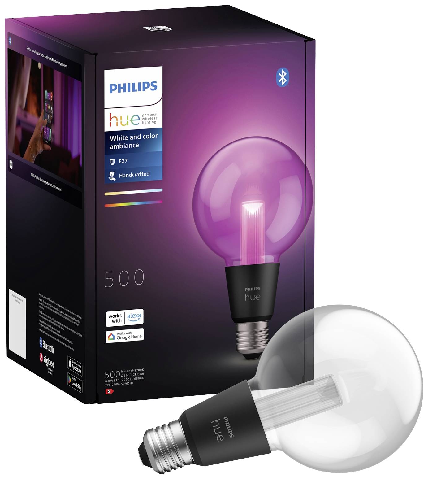 Philips Hue E27 LED-lamp, variabele kleur- en witinstellingen, Bluetooth-bediening. Verpakking toont kleurrijk verlichte kamer.
