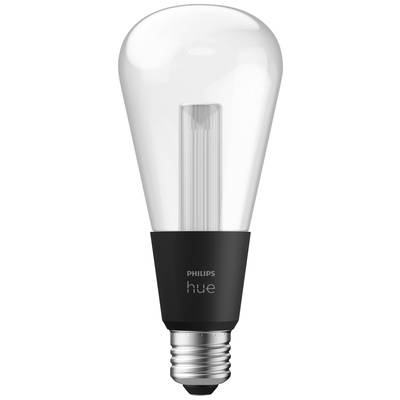 Een LED-lamp met een zwarte fitting met het opschrift 'Philips Hue', symboliseert intelligente verlichtingstechnologie.