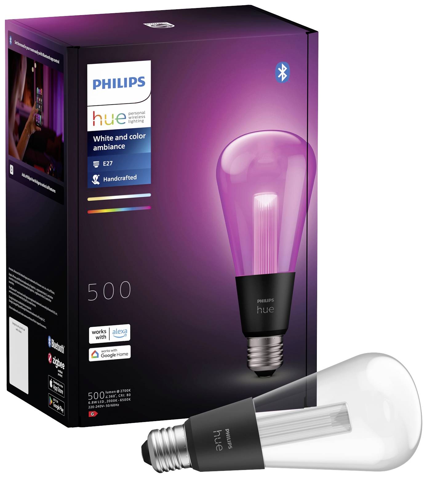 Philips Hue LED-lamp in paars-rood, verpakking toont compatibiliteit met Alexa en Google Home voor persoonlijke kleurverlichting.