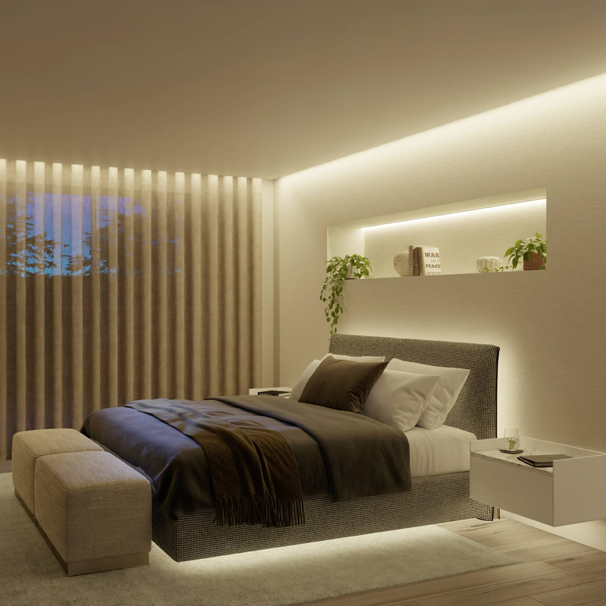 Moderne slaapkamer met een groot bed, lichte muren en indirecte verlichting. Planten en decoraties op het hoofdeinde.