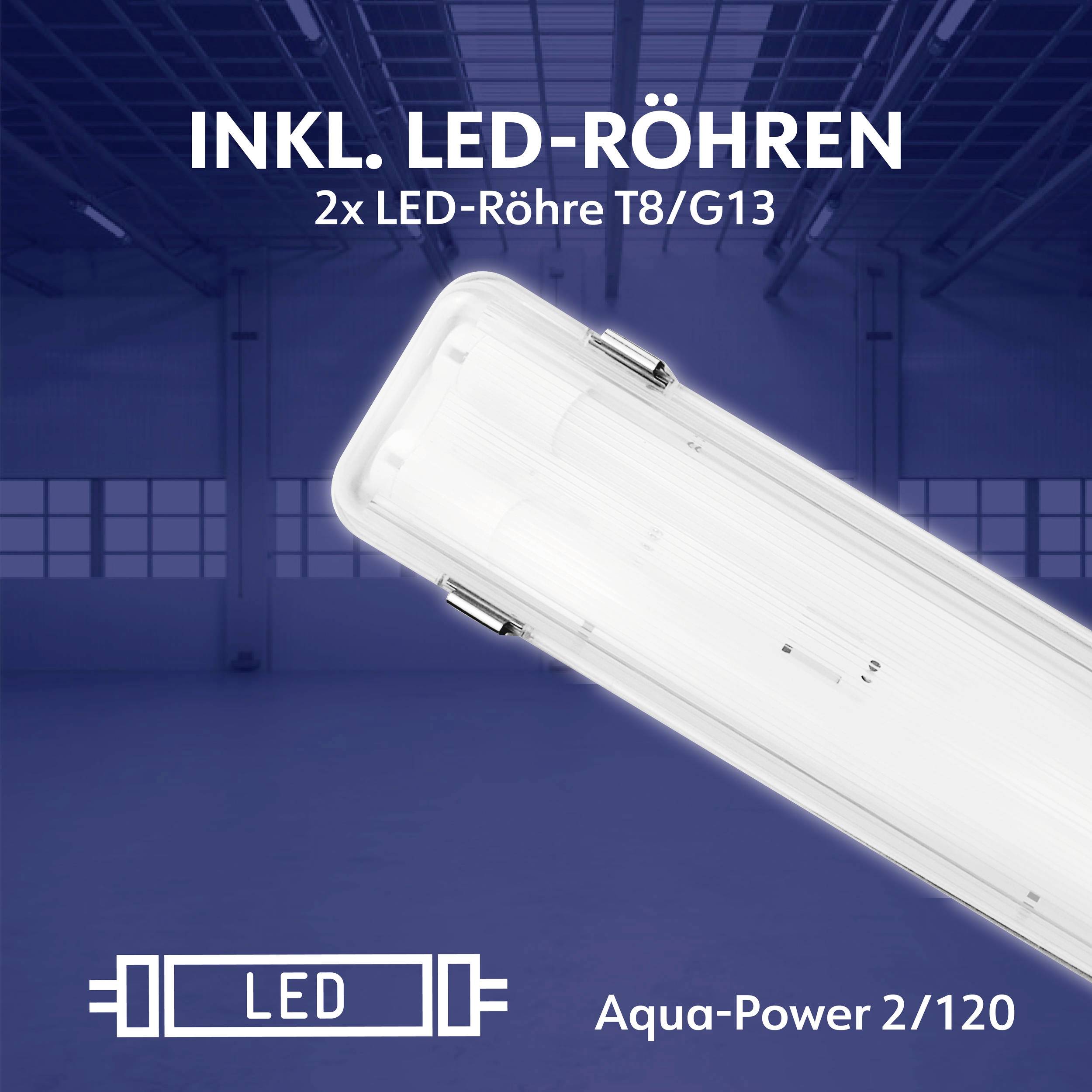 'Incl. LED-buizen' toont een LED-armatuur met de opdruk '2x LED-buis T8/G13'. Daaronder staat 'Aqua-Power 2/120' vermeld.