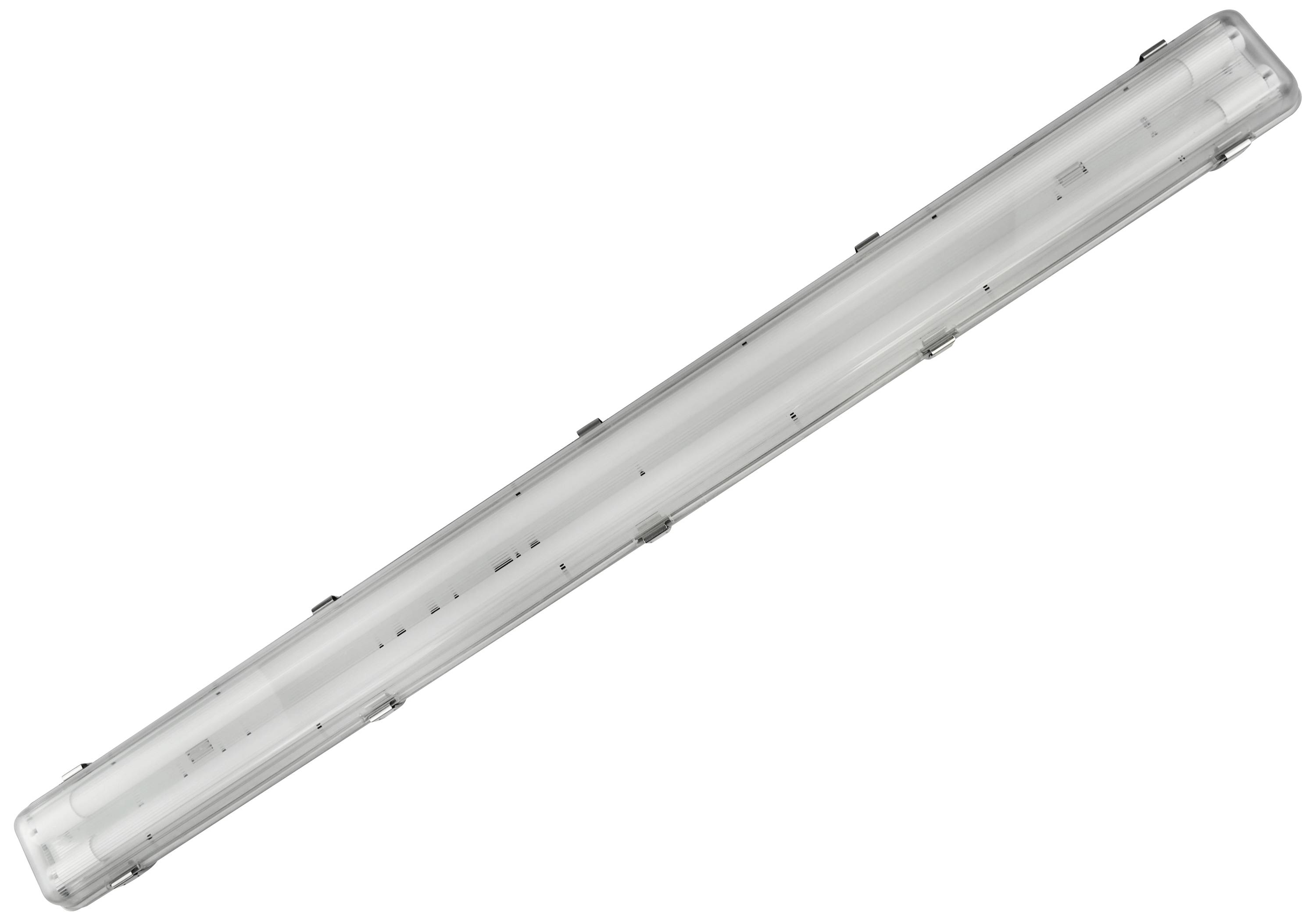 Lange, rechthoekige LED-verlichting in een transparente behuizing, geschikt voor industriële toepassingen of grote ruimtes.