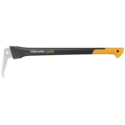 Fiskars houtklem met zwarte handgreep en oranje uiteinde, modelaanduiding 'XA22'. Ontworpen voor het optillen en vervoeren van hout.