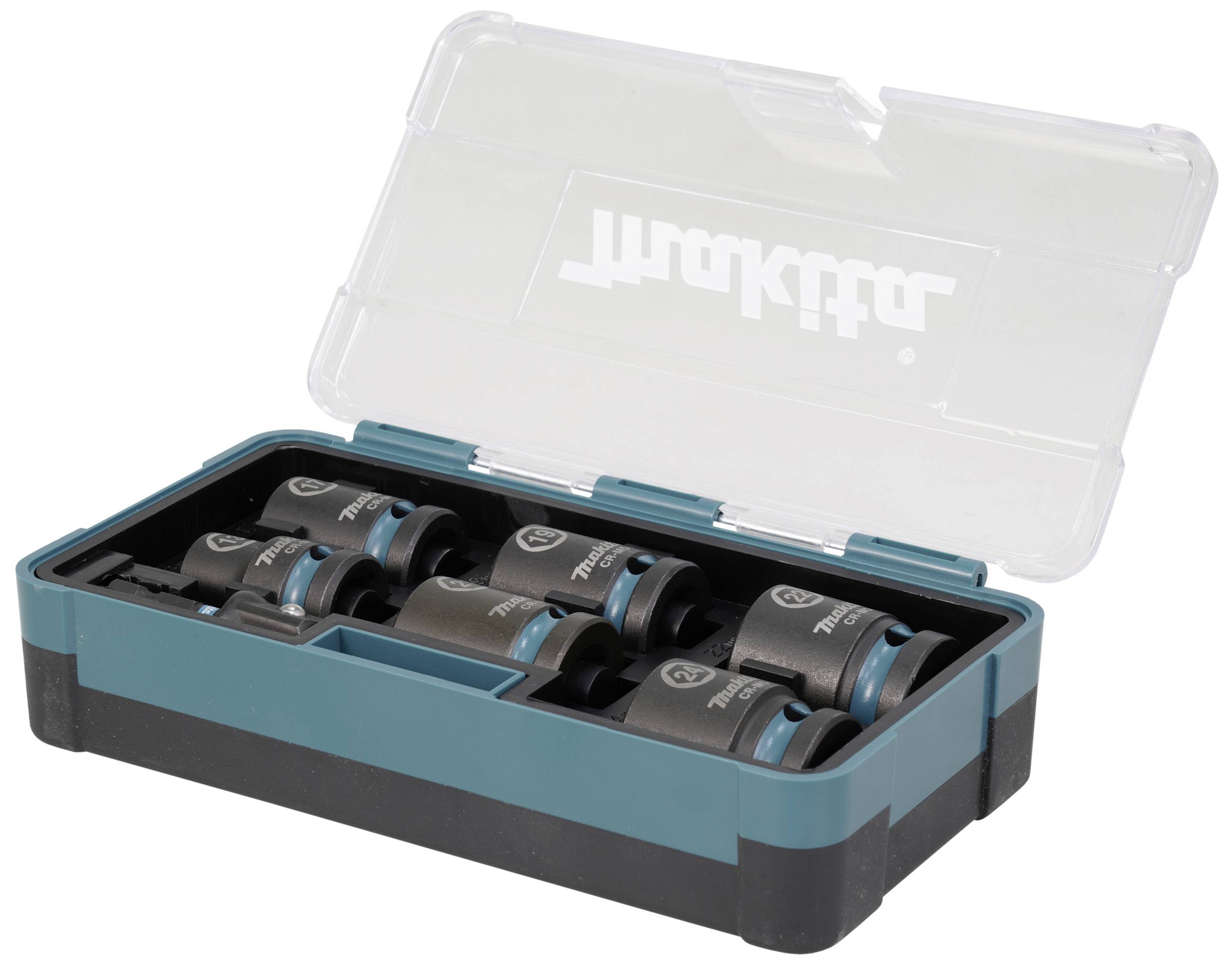 'Makita' dopsleutelset in een open kunststof doos. Bevat meerdere dopsleutels, gestapeld en goed georganiseerd voor eenvoudig gebruik.