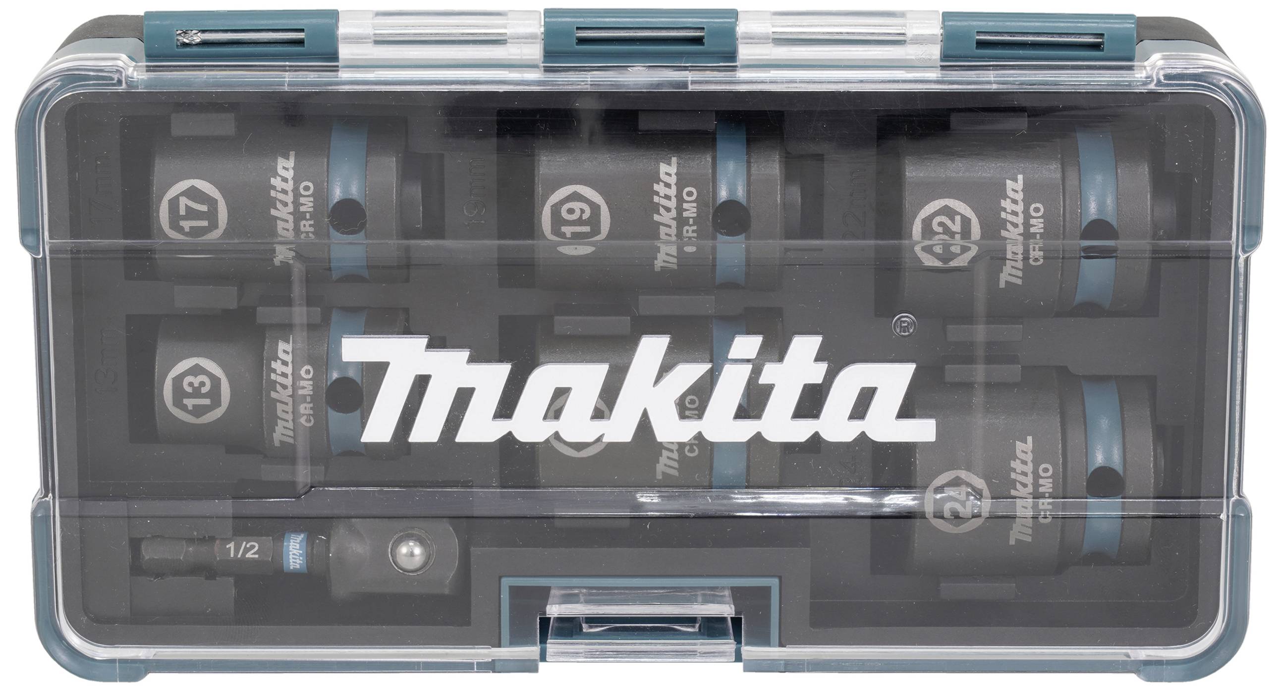 'Set Makita dopmoeren in een transparante opbergdoos. Bevat verschillende maten van 13 tot 24 mm en een adapter.'