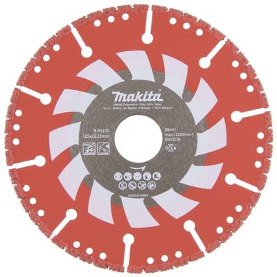 Rode diamantzaagblad van het merk Makita, 125x22,23 mm, geschikt voor steenbewerking en bouwwerkzaamheden, met witte designelementen.
