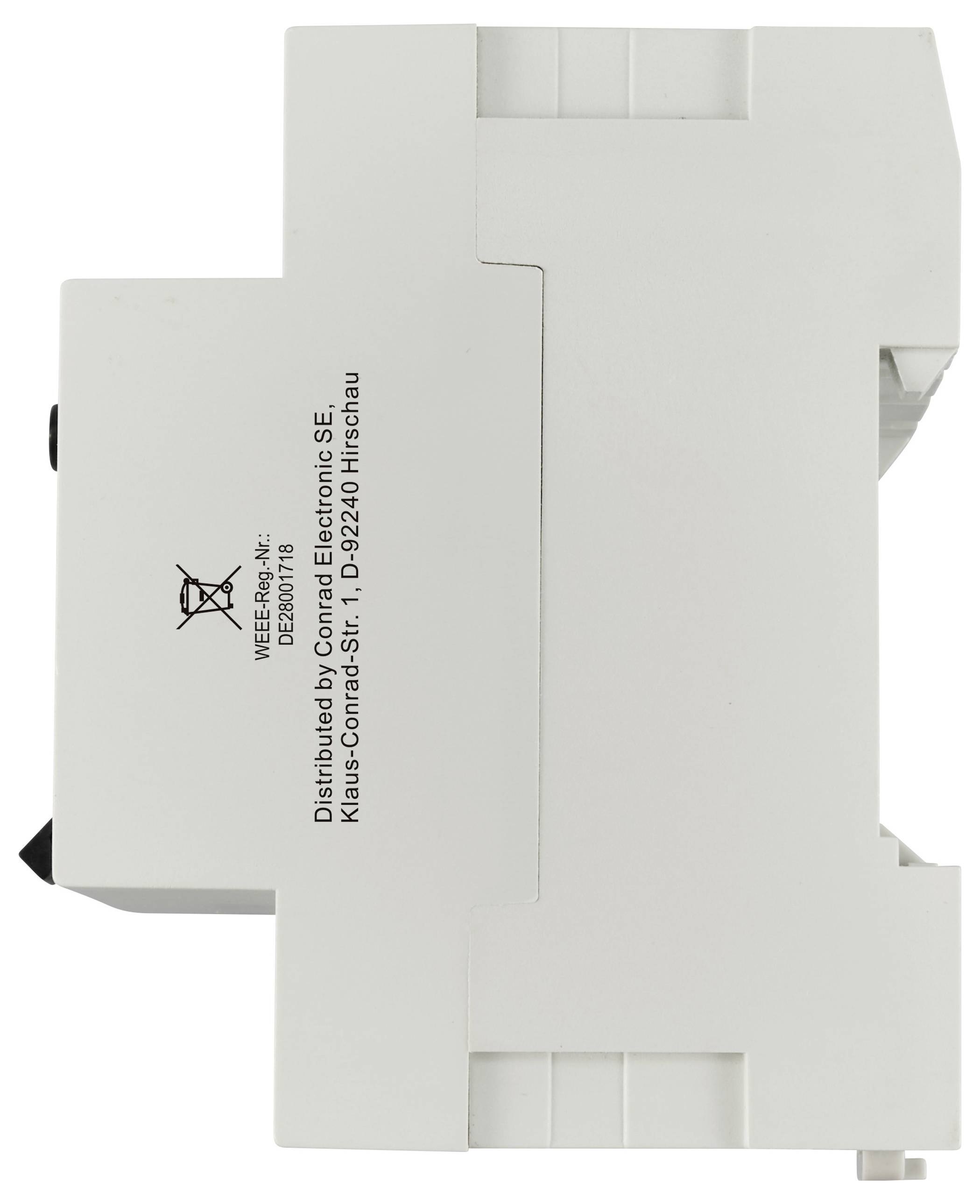 Een wit elektrisch apparaat met technische informatie bedrukt. Het heeft een rechthoekige vorm en is modulair geschikt voor schakelkasten.