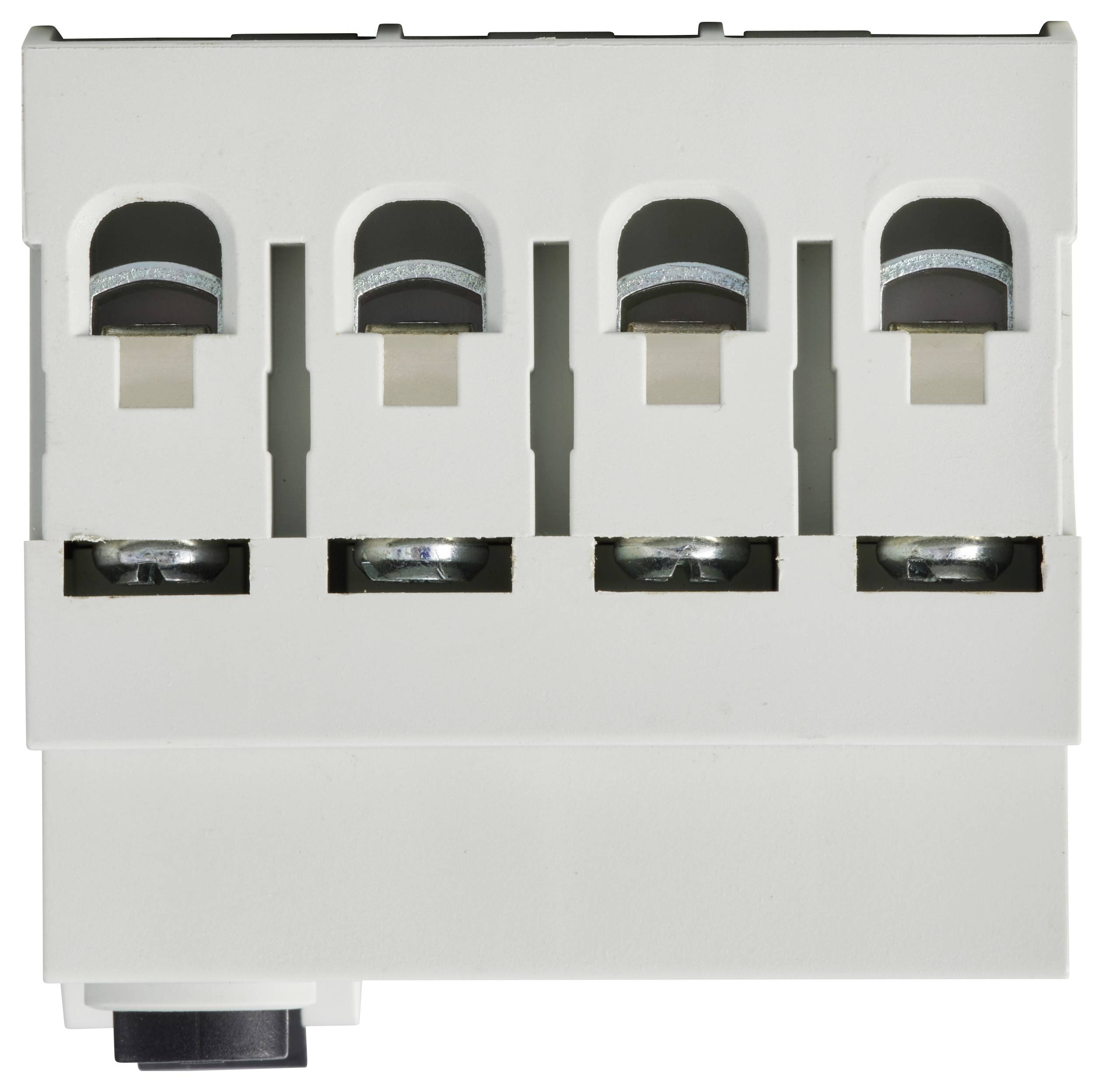Een witte elektrische aansluitblok met vier aansluitpunten die kunnen worden gebruikt voor draden of kabels.