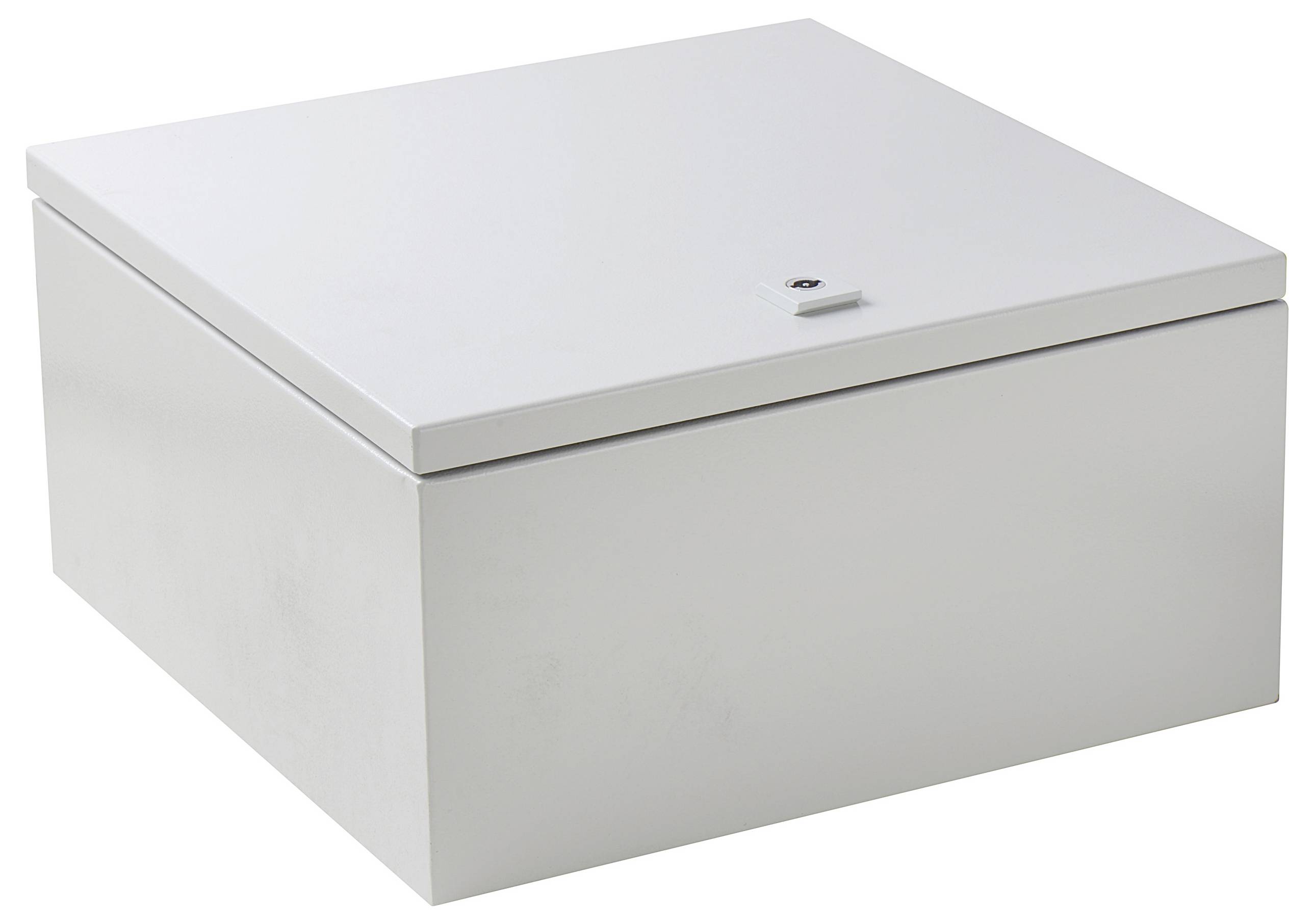 Een vierkante, witte metalen doos met deksel en een centraal slot, gebruikt voor de veilige opslag van voorwerpen.