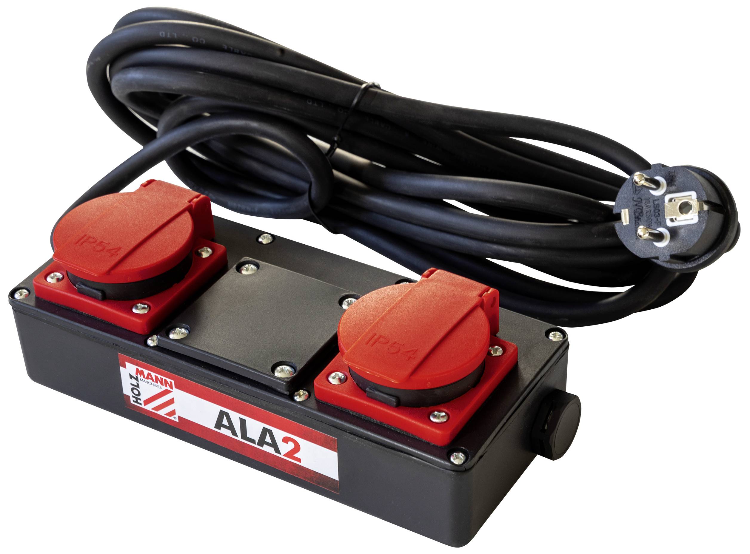 Stekkerdoos met twee rode stopcontacten, zwarte behuizing en een lang snoer.