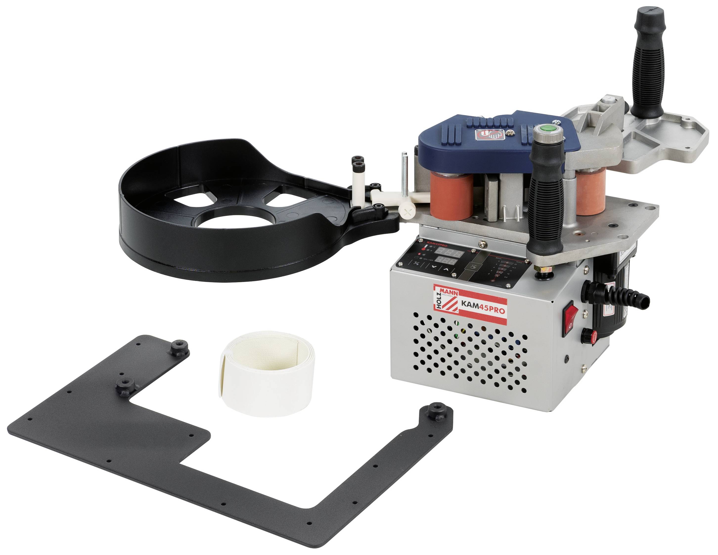 Een kantenaanlijmmachine op een tafel met een zwart accessoire en een rol plakband ernaast.