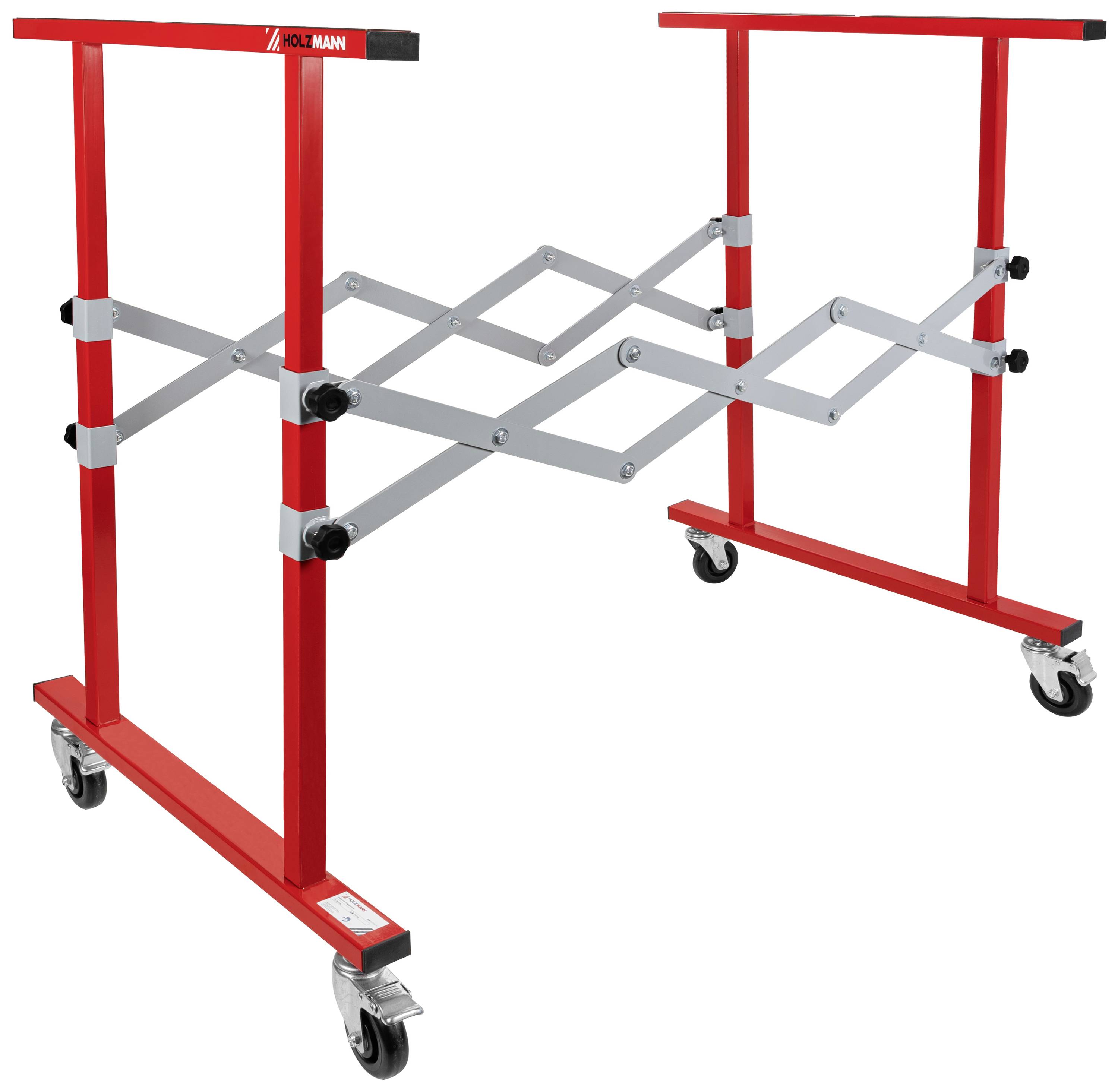 Rode, verstelbare montagebuk op wielen, geschikt voor het ondersteunen van zware lasten in werkplaatsen of bij montage-werkzaamheden.