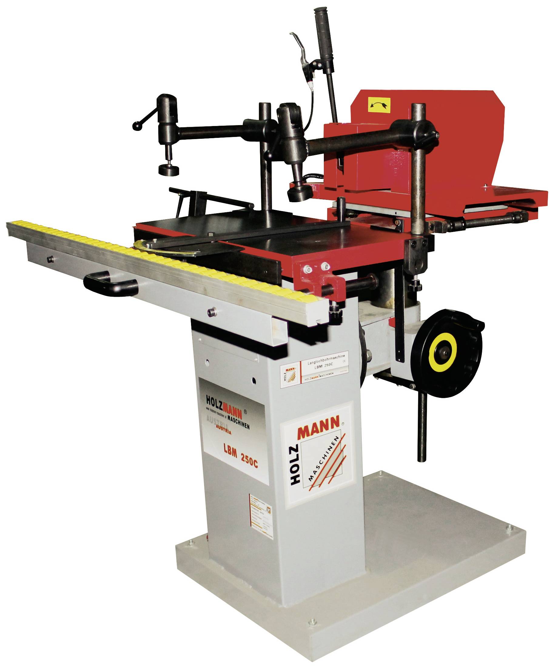 Houtbewerkingsmachine met een grijze sokkel en rode opbouw. Uitgerust met gele linealen en een zwart handwiel voor bediening.