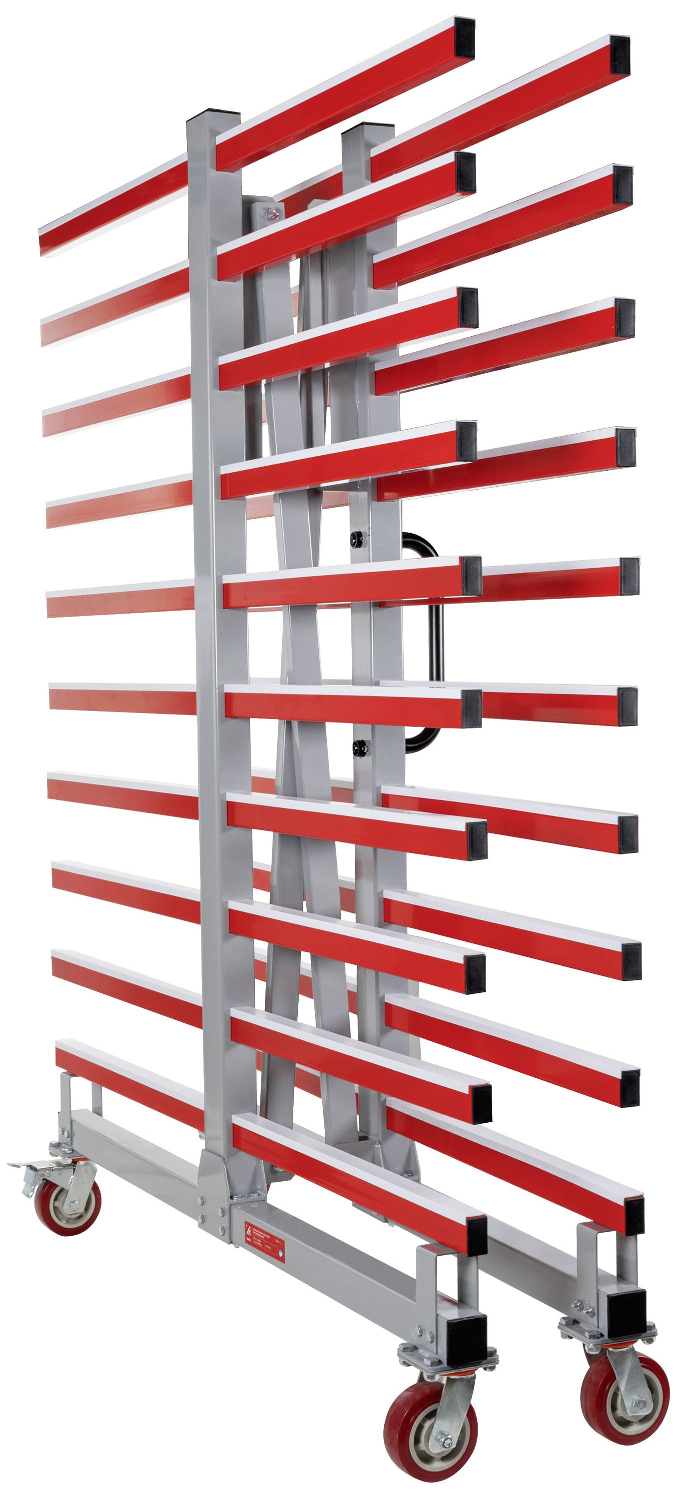 Grote, verrijdbare opslagwagen met meerdere horizontale, rode dwarsbalken, gemonteerd op vier zwenkwielen voor gemakkelijk transport.