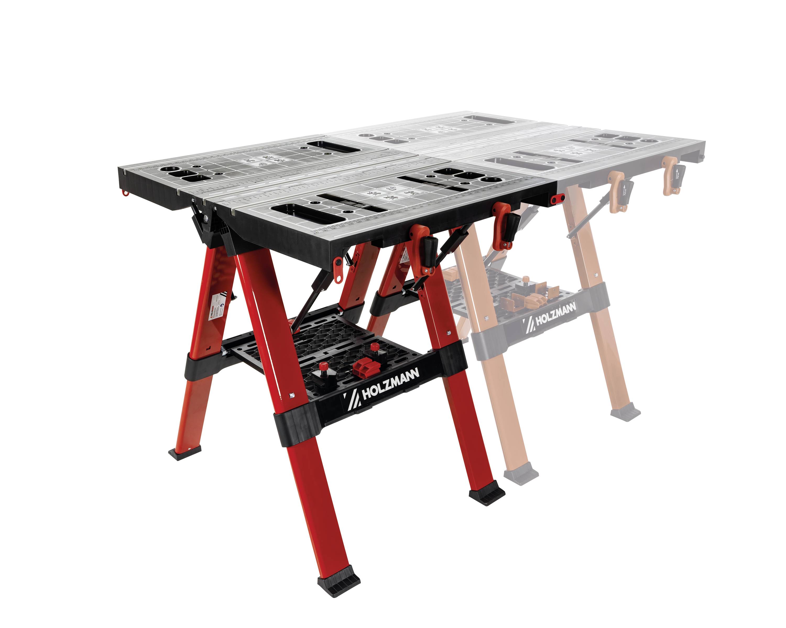 Een in hoogte verstelbare, opvouwbare werktafel met rode poten en een houten kern. Ideaal voor houtbewerkingen en veelzijdige toepassingen in de werkplaats.