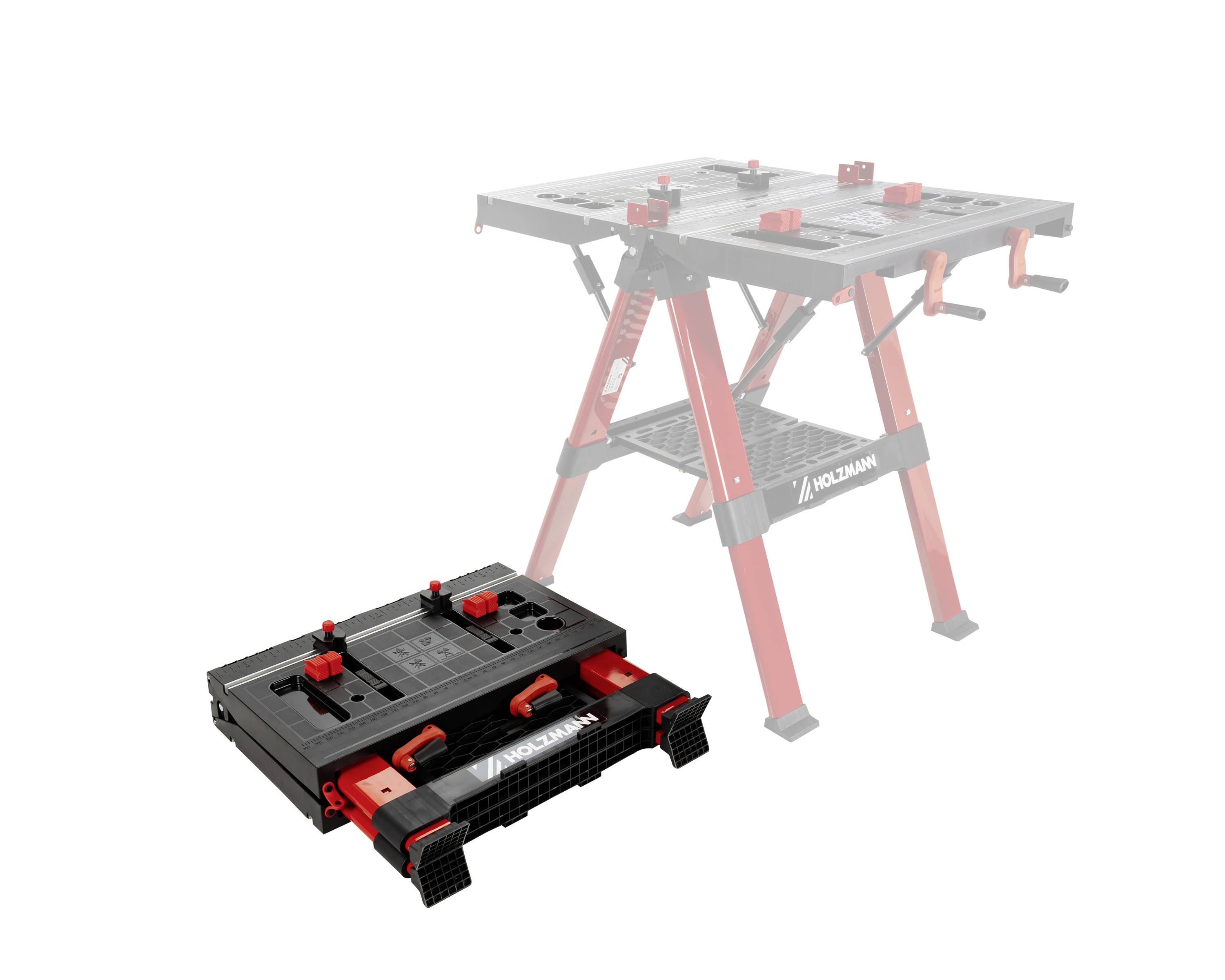 Een draagbare, opvouwbare werkbanktafel in rood en zwart met beugels, die is samengevouwen voor eenvoudige opslag.