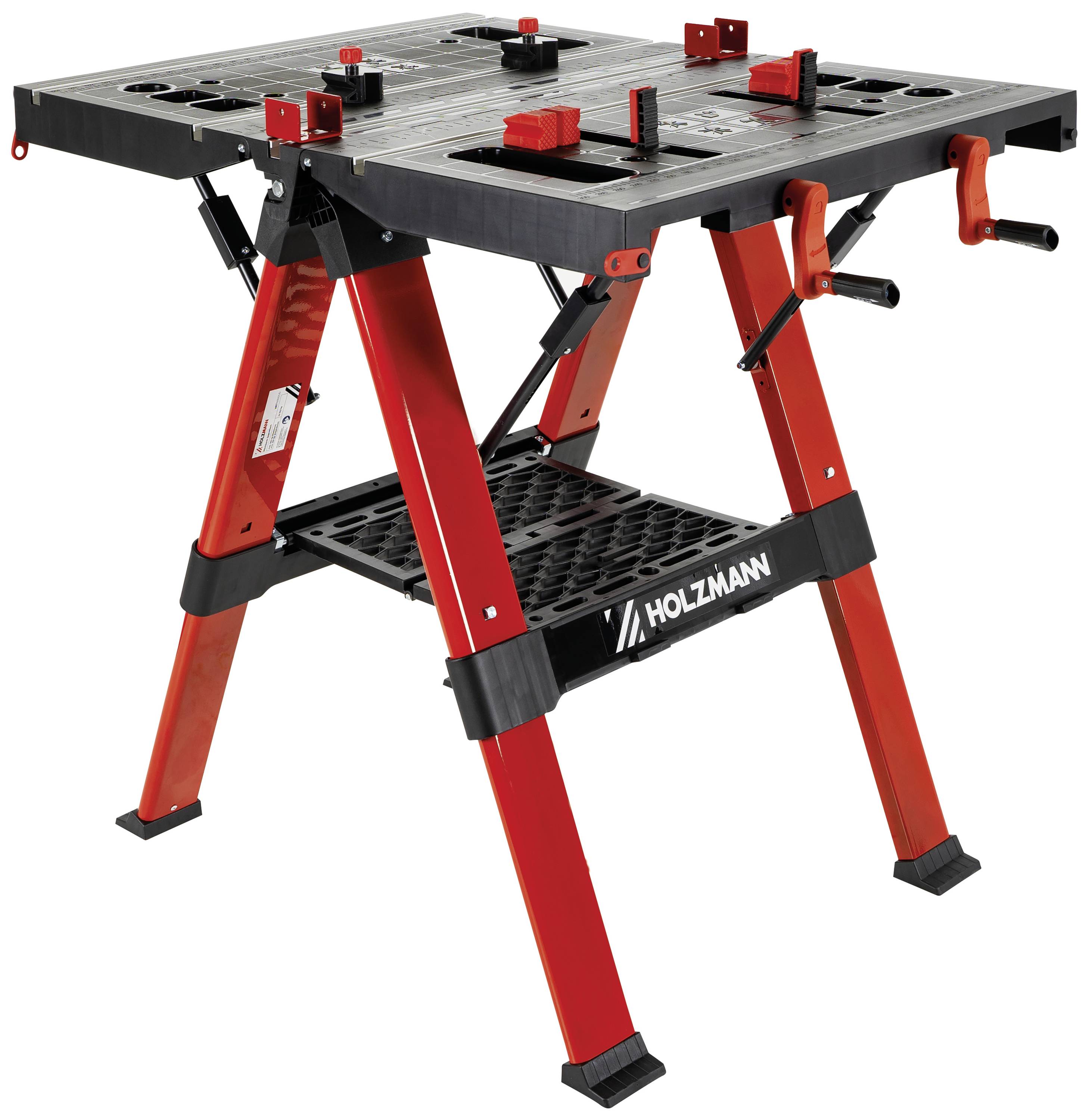 Klaptafel met rode poten en zwart werkblad, geschikt voor werkplaatswerkzaamheden. Gemarkeerd met het logo 'Holzmann'.
