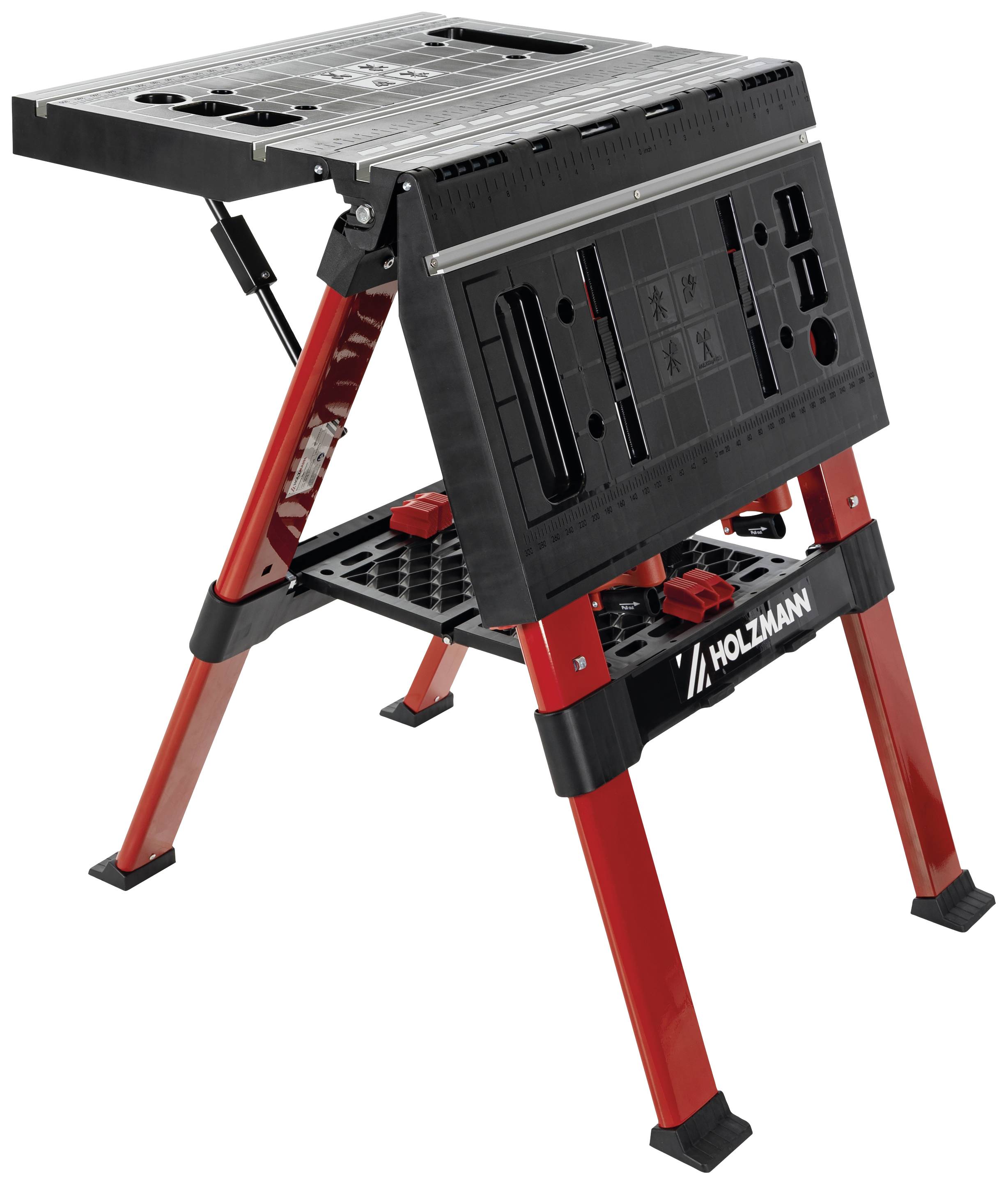 Rode, opvouwbare werkbank met zwarte legplanken en gereedschaphouders. Ideaal voor uiteenlopende klussen.