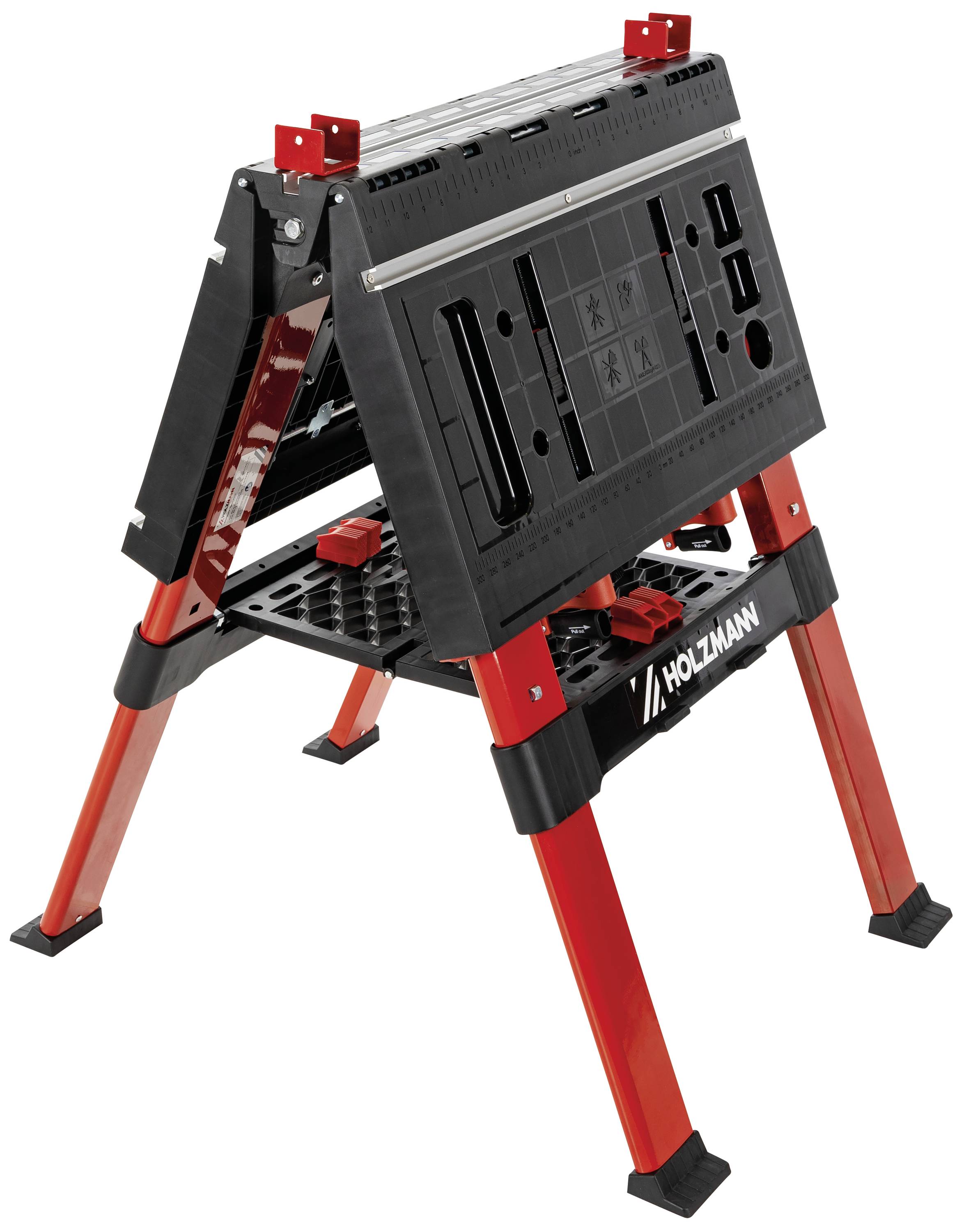 Compacte, opvouwbare werktafel met rood en zwart design, geschikt voor ambachtelijke werkzaamheden, merk 'Holzmann'.