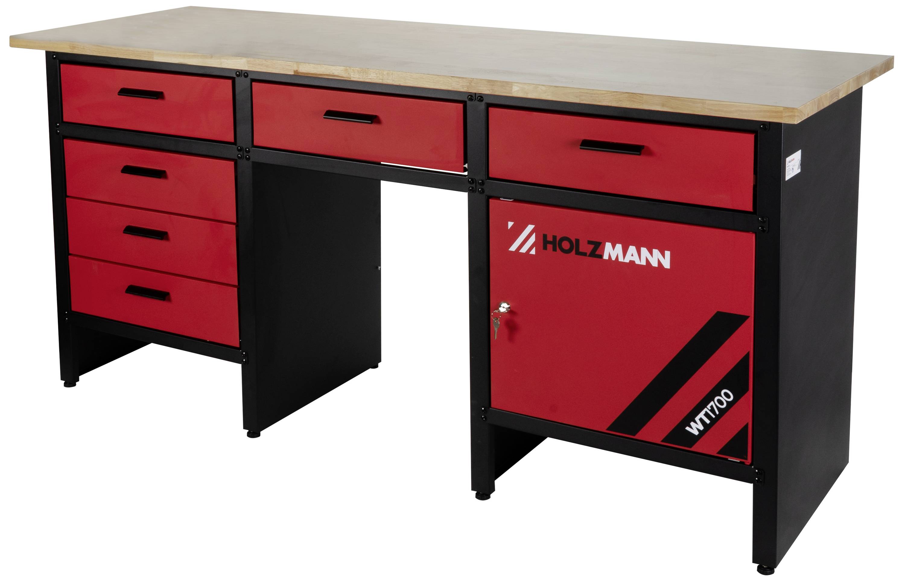 Een zwarte werkbank met een houten werkblad, rode lades en een kast met de opschriften 'Holzmann' en 'WT700'.