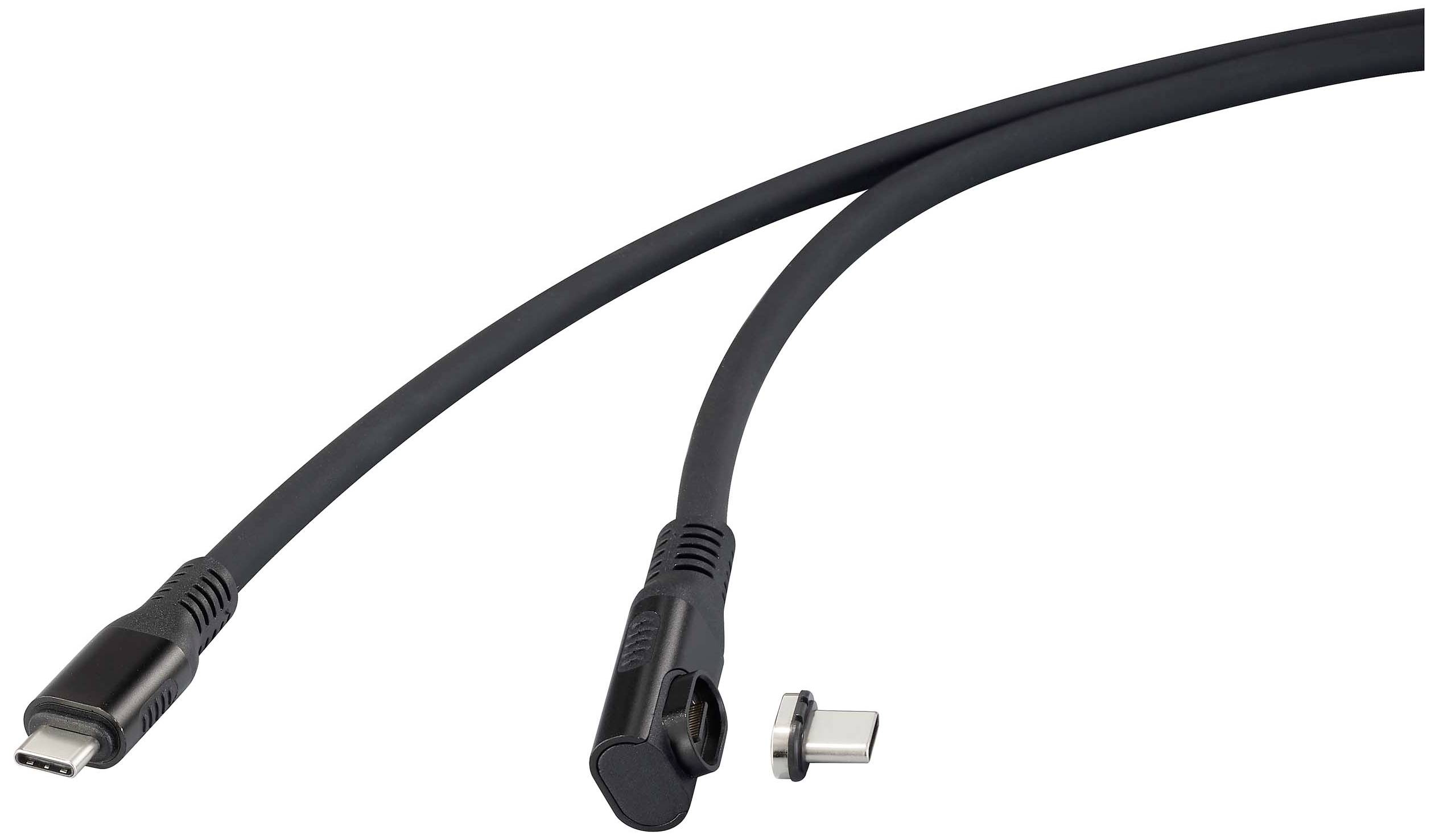 Een zwart USB-C-kabel met een haakse stekker en magnetische adapter. Geschikt voor apparaten die snel opladen ondersteunen.