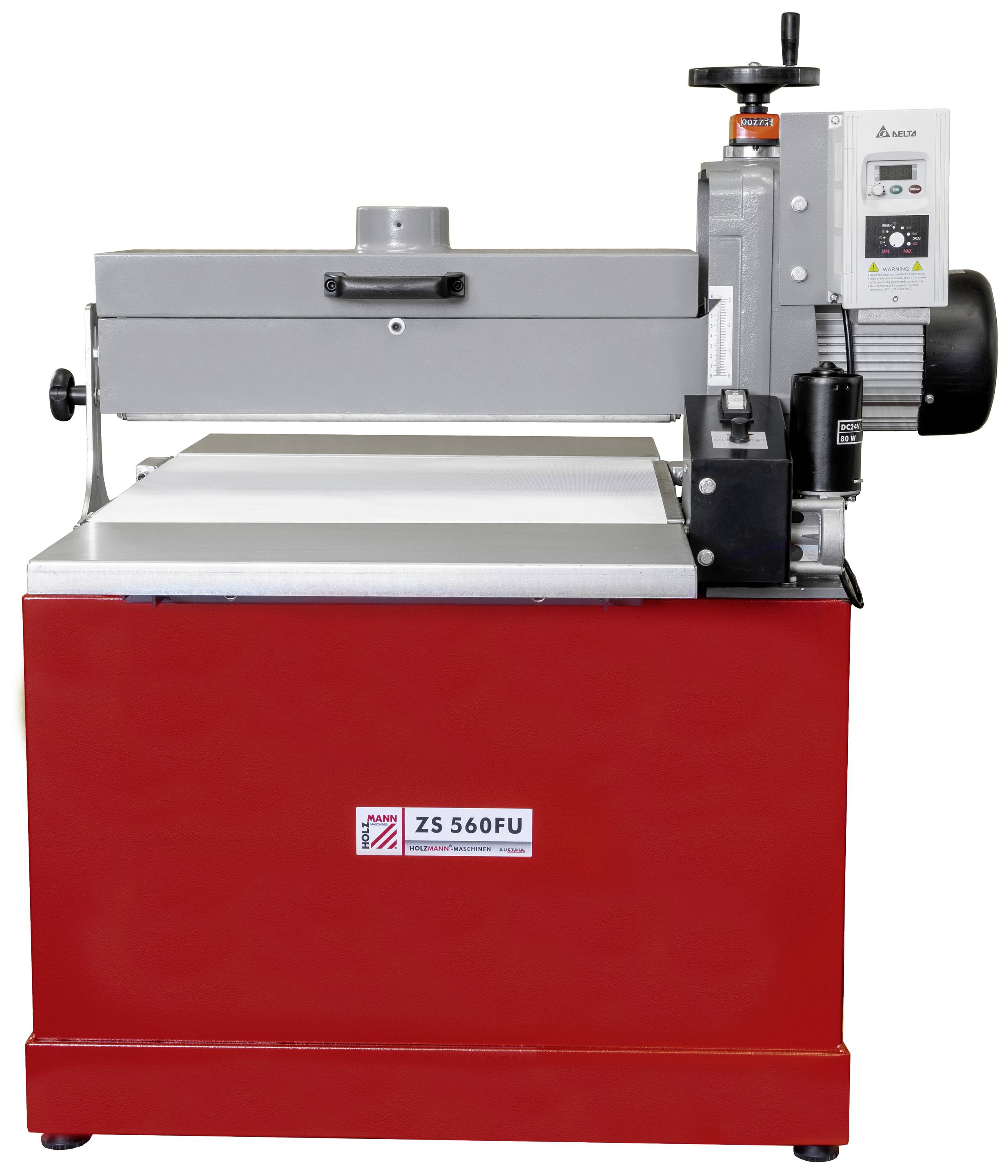 Een rode industriële slijpmachine met een grijze slijpoppervlakte en bedieningselementen aan de rechterkant.