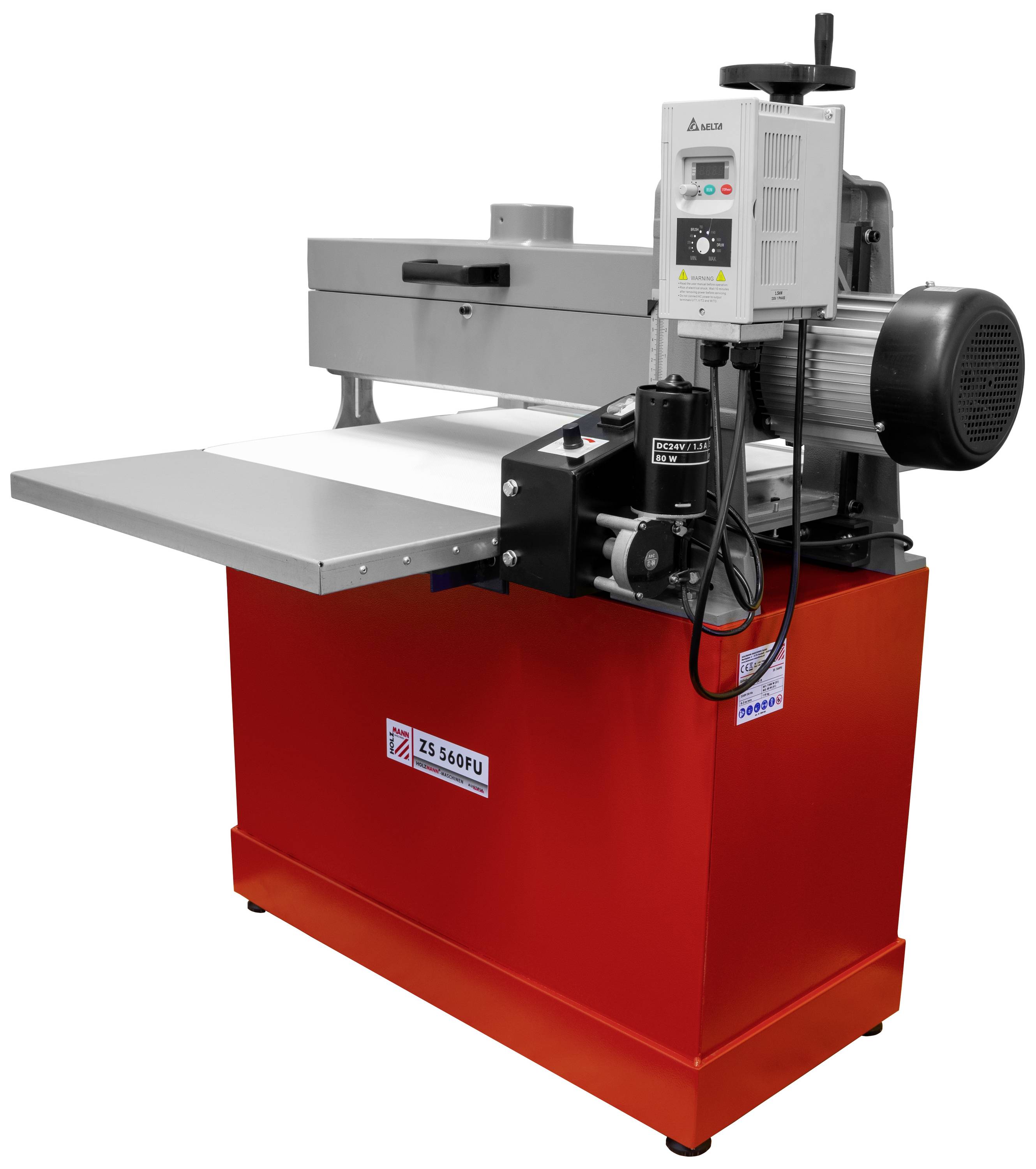 Industriële schaafmachine met een rood behuizing, bedieningspaneel rechtsboven, aan-knop en snelheidsinstelling zichtbaar.