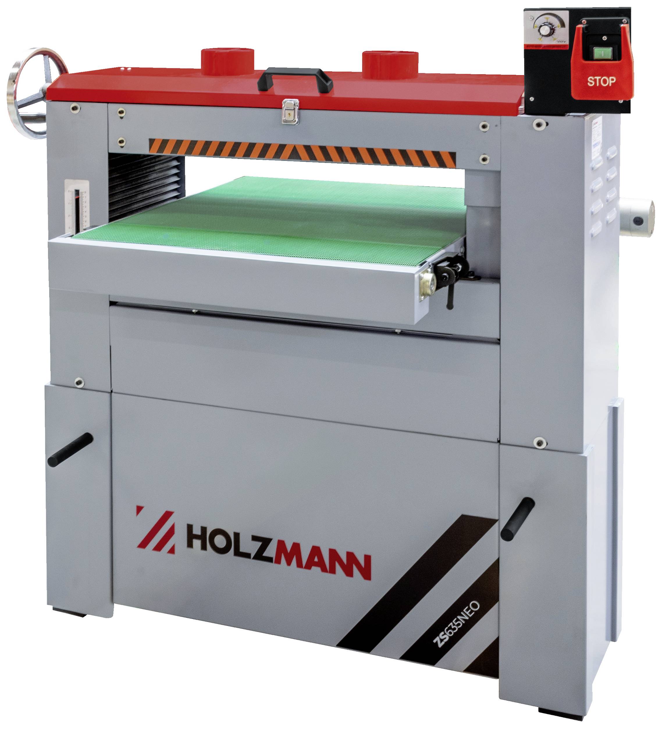 Houtbewerkingsmachine met een groen transportband, een rode stopknop en het 'Holzmann' logo op de voorkant.