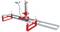 Mobiele zaagmolen met een rood frame en zilver spoorsysteem. Geschikt voor het zagen van boomstammen in planken, met een transportabele constructie.