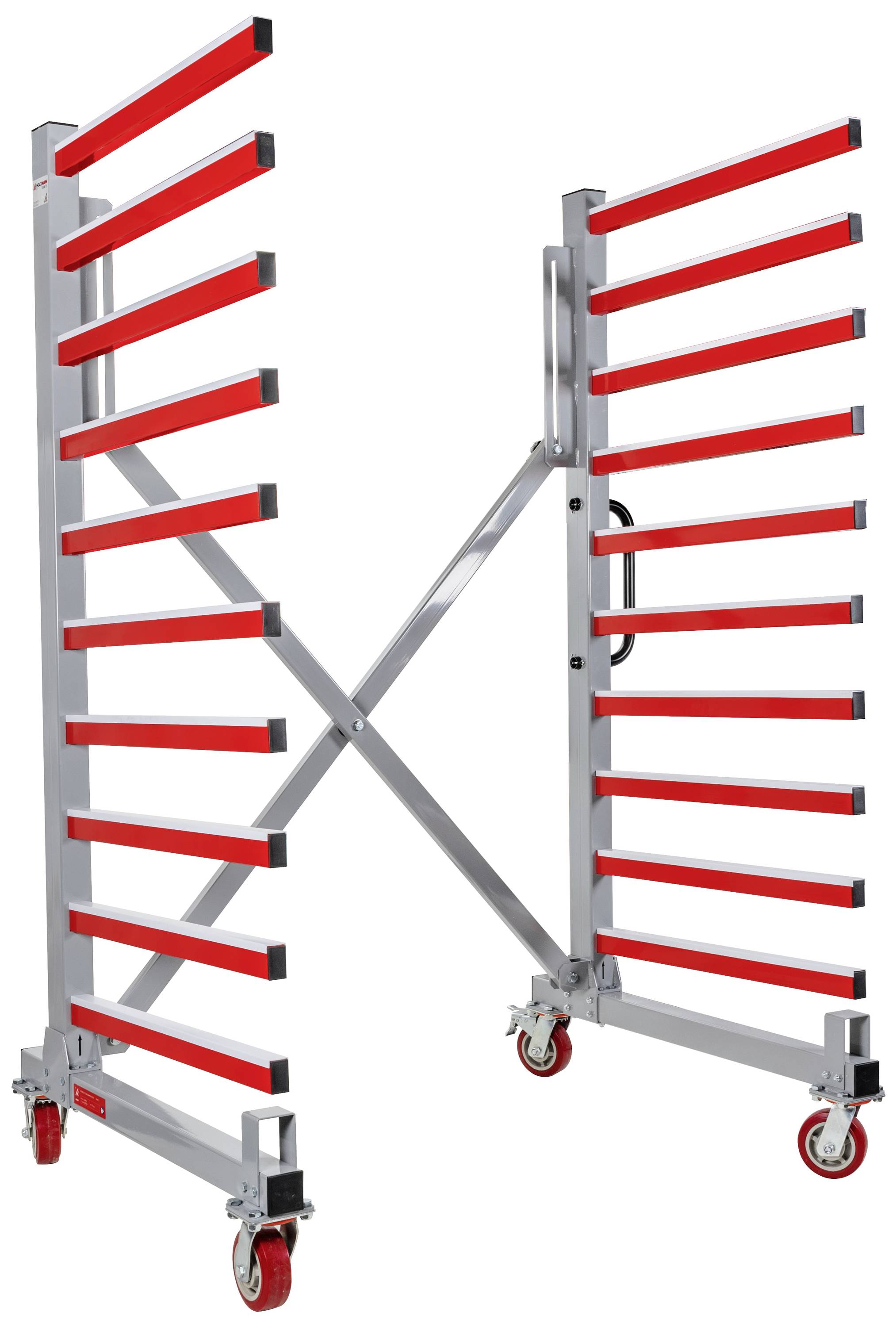 Mobiel rek met rode legplanken en wielen. Geschikt voor transport of opslag van voorwerpen.