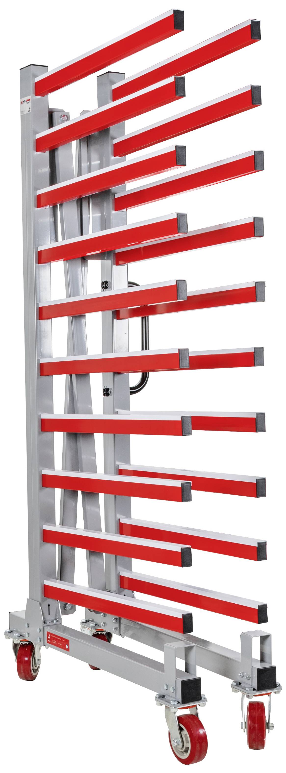 Een mobiele standaard met meerdere horizontale rode balken, geschikt voor transport of opslag van grote, platte voorwerpen.