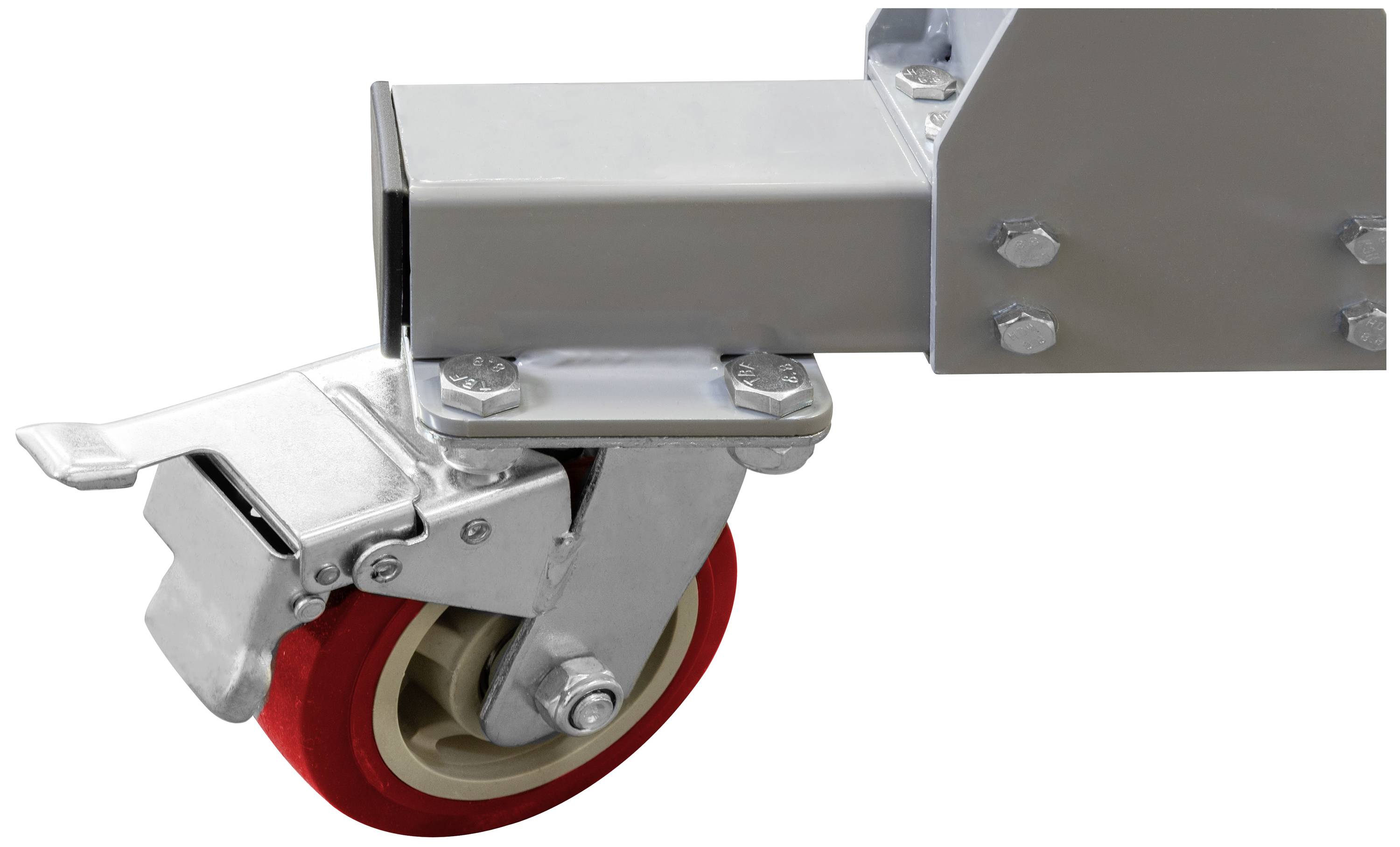 Rood transportwiel met grijs metalen behuizing en vergrendelingsrem, gemonteerd op een frame.