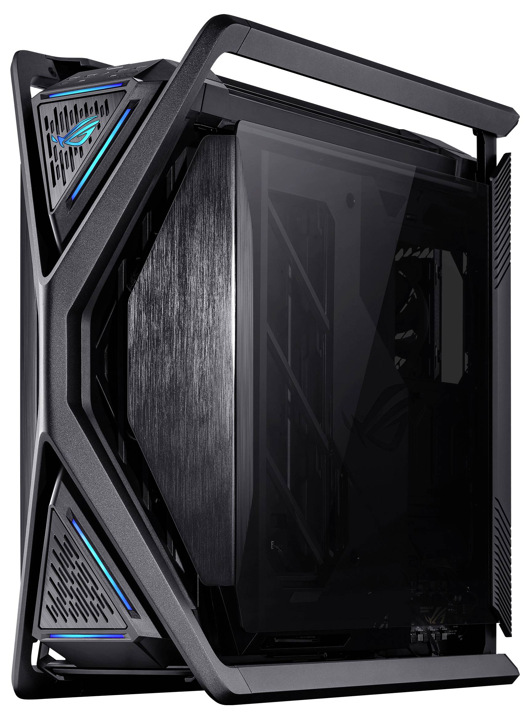 Een futuristisch computerbehuizing met een transparant zijpaneel en blauw verlichte accenten, toont modern design en techniek.