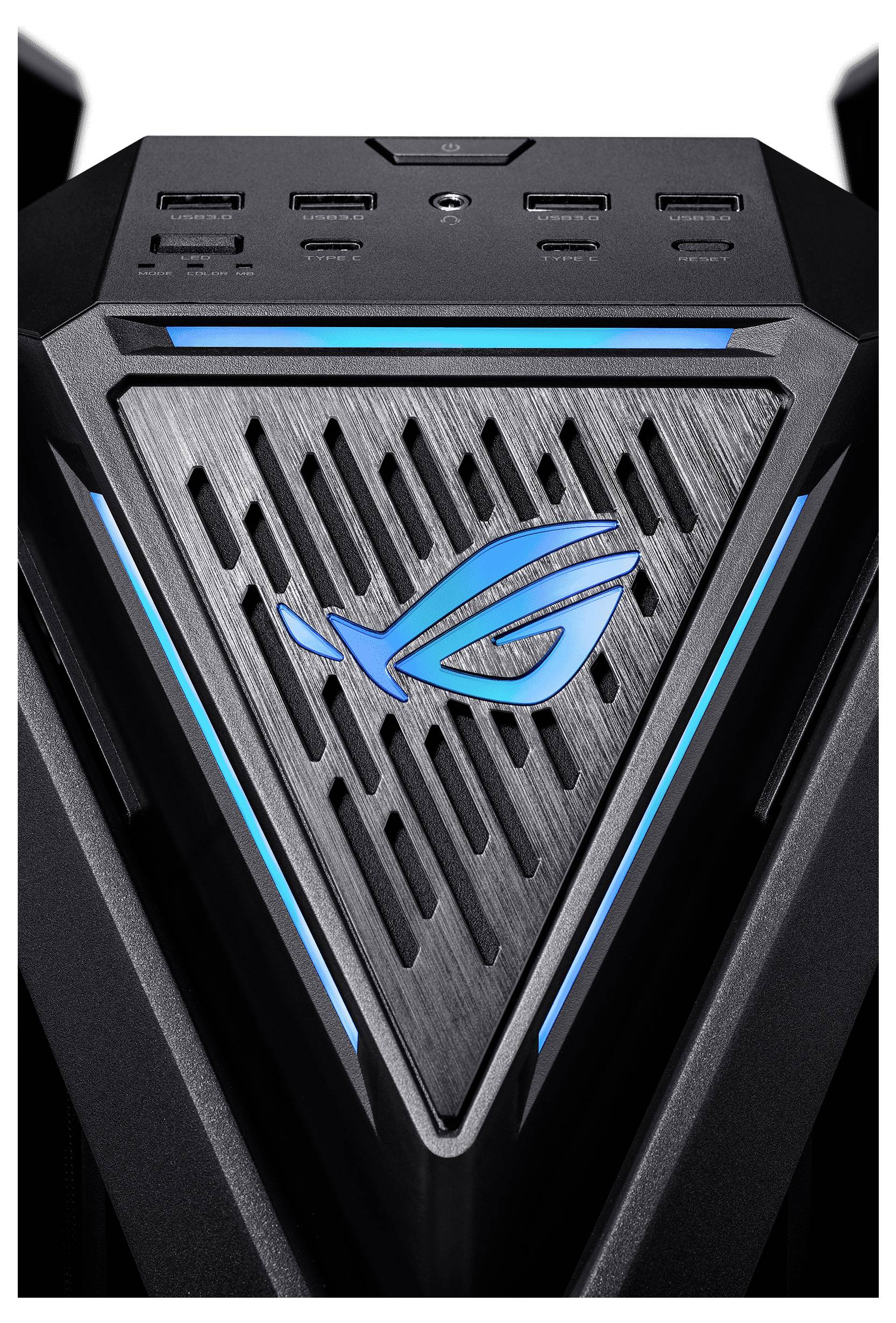 'Gaming-computer met blauw logo op zwarte behuizing. Veel USB-poorten bovenaan. Design benadrukt snelheid en prestaties.'