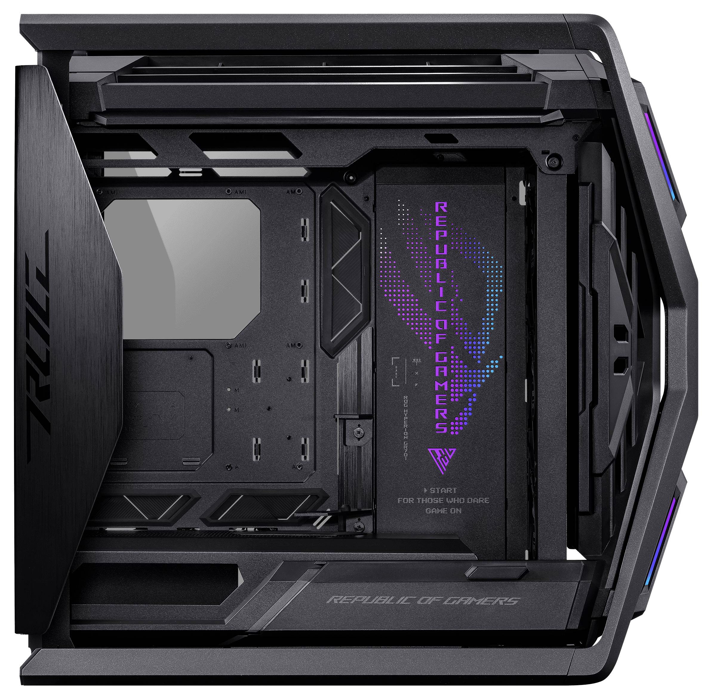 Gaming-behuizing van bovenaf gezien, zwart met RGB-elementen. Opdruk 'Republic of Gamers' aan de binnenkant van de wand.