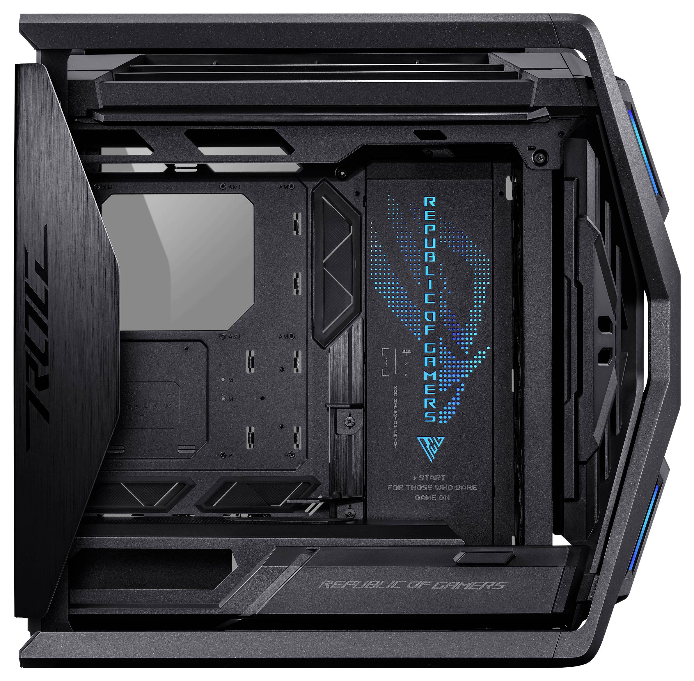 Computerbehuizing met open zijpaneel onthult de binnenindeling, verlicht in het blauw met 'Republic of Gamers'-opschrift.