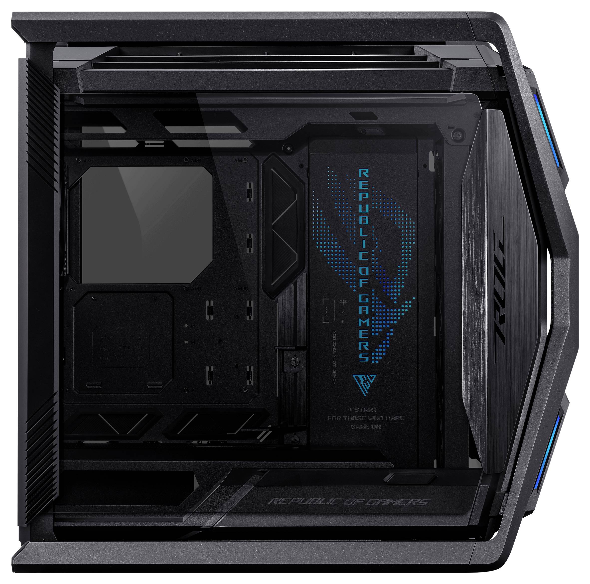 Behuizing van een gaming-pc, zwart ontwerp met glazen elementen en blauwe 'Republic of Gamers'-tekst aan de binnenkant.