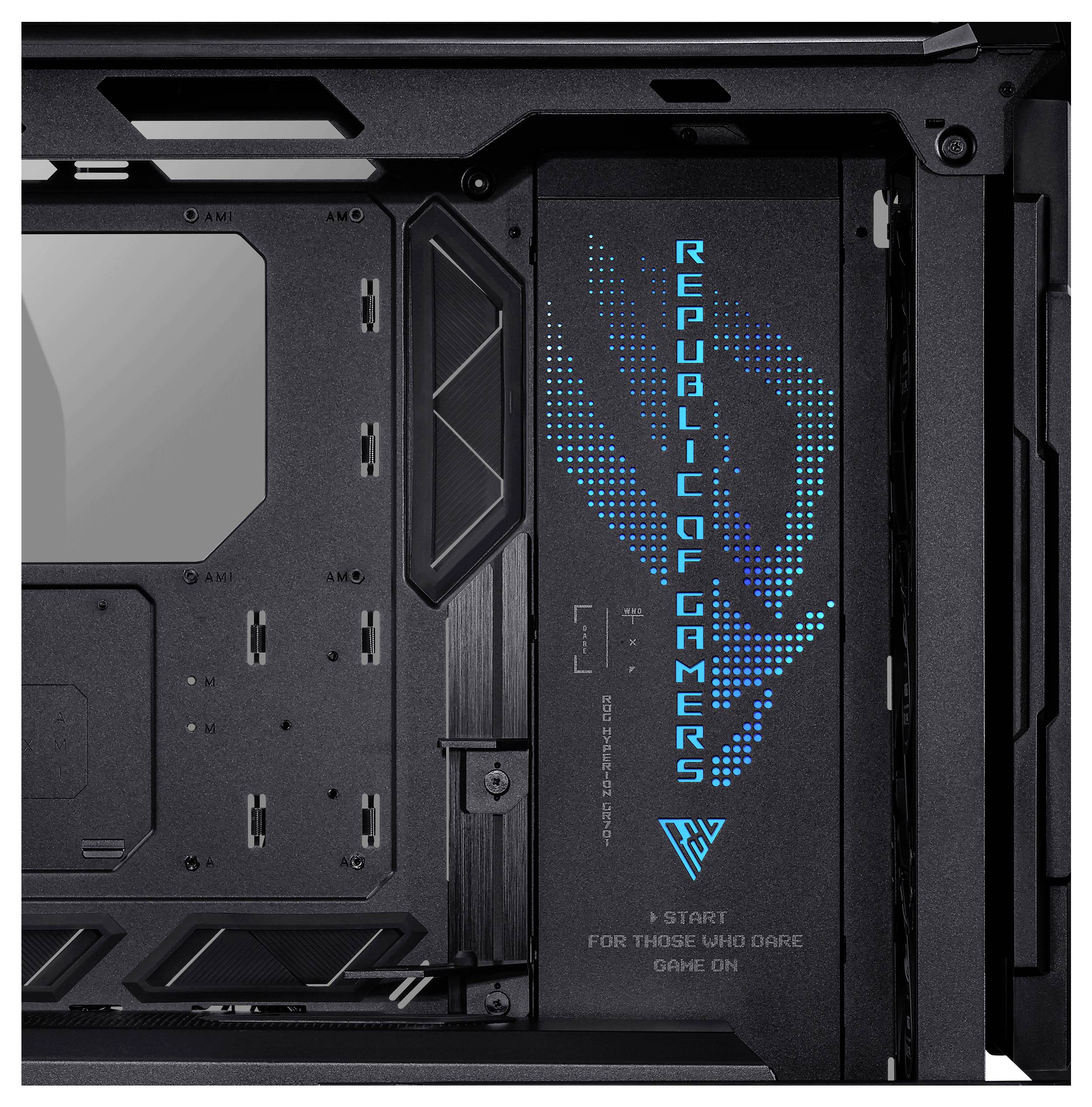 Zwart computerbehuizing met blauw verlicht opschrift 'Republic of Gamers'; daaronder 'Voor degenen die durven, speel door'.