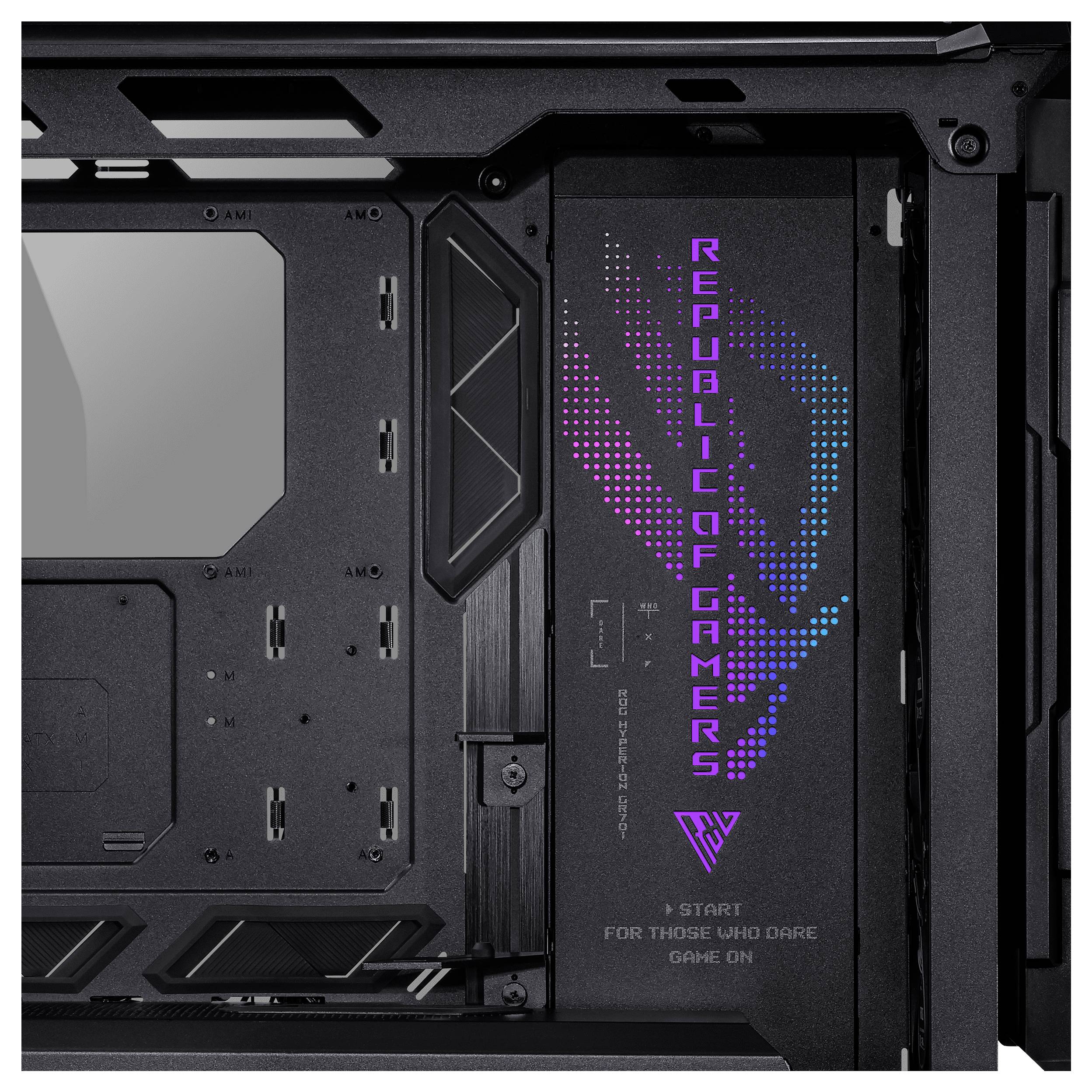 Zijaanzicht van een computerbehuizing met 'Republic of Gamers'-logo in heldere, opvallende kleuren, waarbij de binnenruimte voor pc-componenten zichtbaar is.