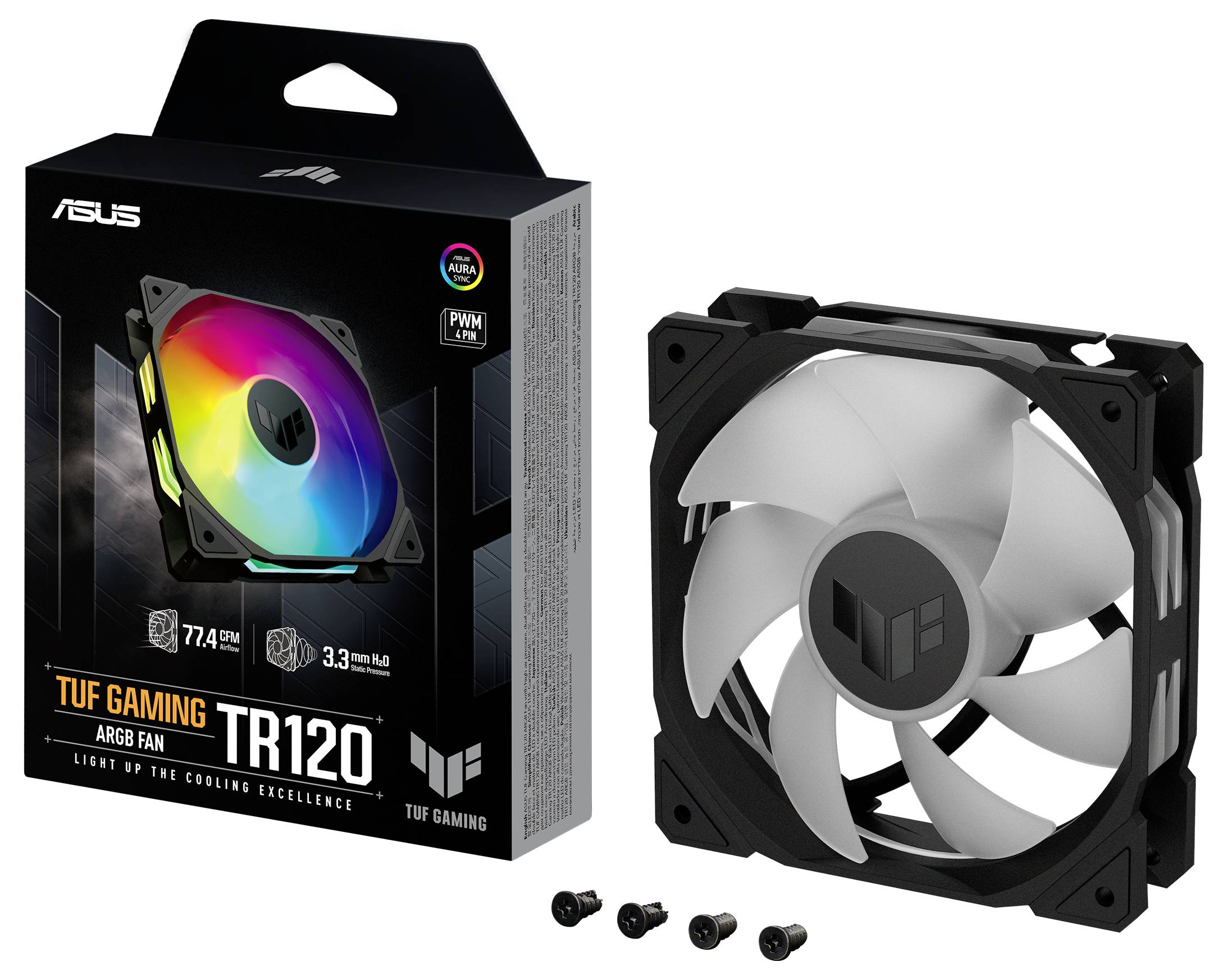 Verpakking en een TUF Gaming TR120 ventilator met RGB-verlichting, toont prestatiegergevens zoals 77,4 CFM en 3,3 mm H₂O druk.