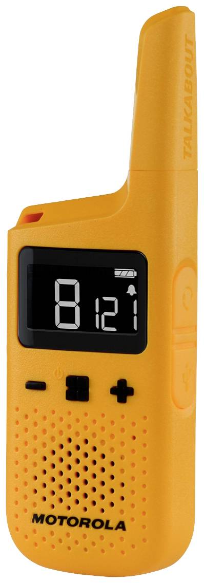 Een oranje walkietalkie met een zwart display waarop '8' en '1' worden weergegeven. Merknaam en volumeknoppen zichtbaar.