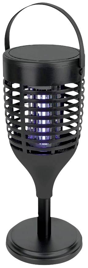Een zwarte elektronische insectenval met lamp en rooster, draagbaar en geschikt voor gebruik buitenshuis.